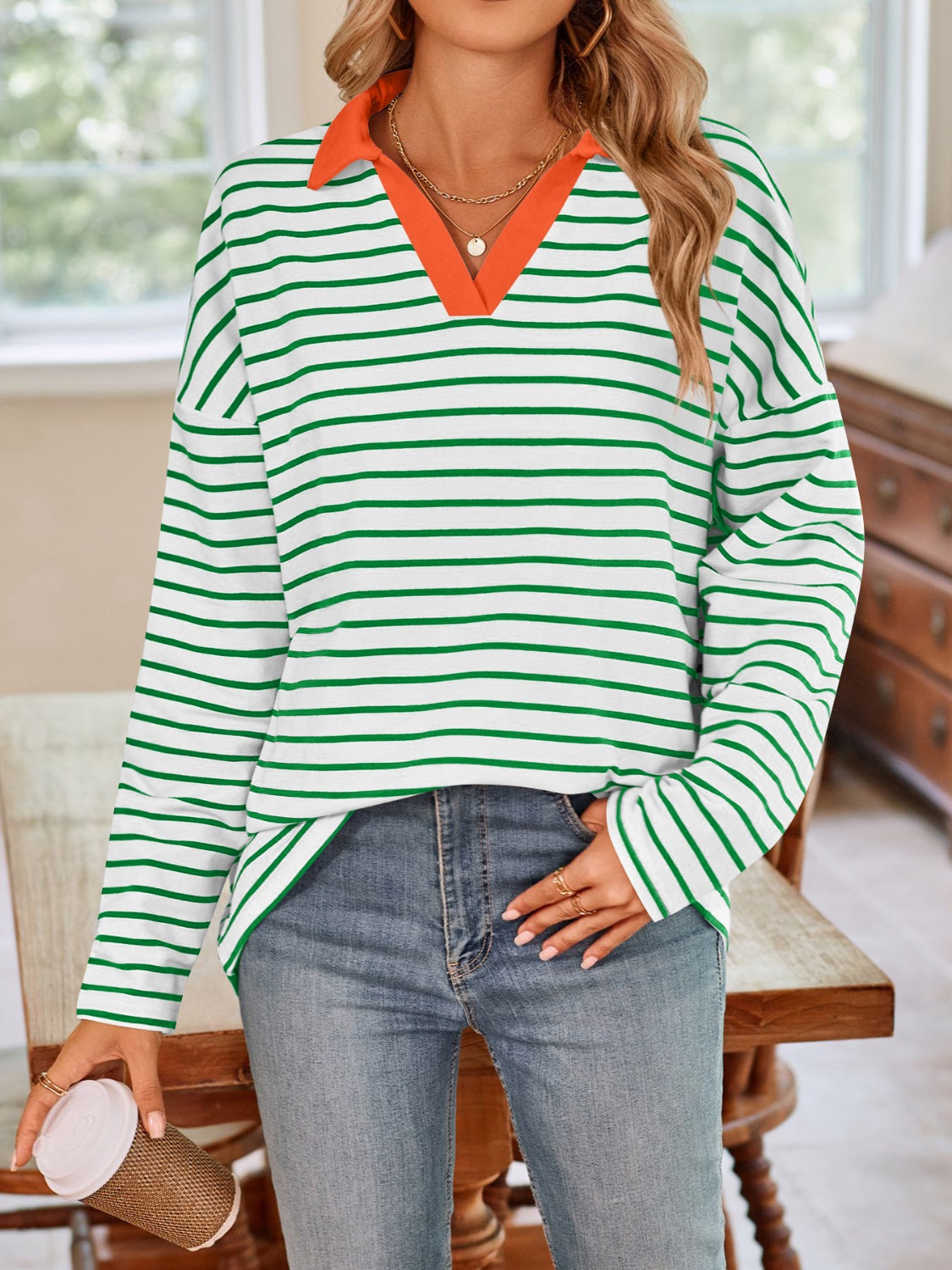 Striped Johnny Collar Long Sleeve T-Shirt in a stylish design, featuring a classic collar and soft fabric.