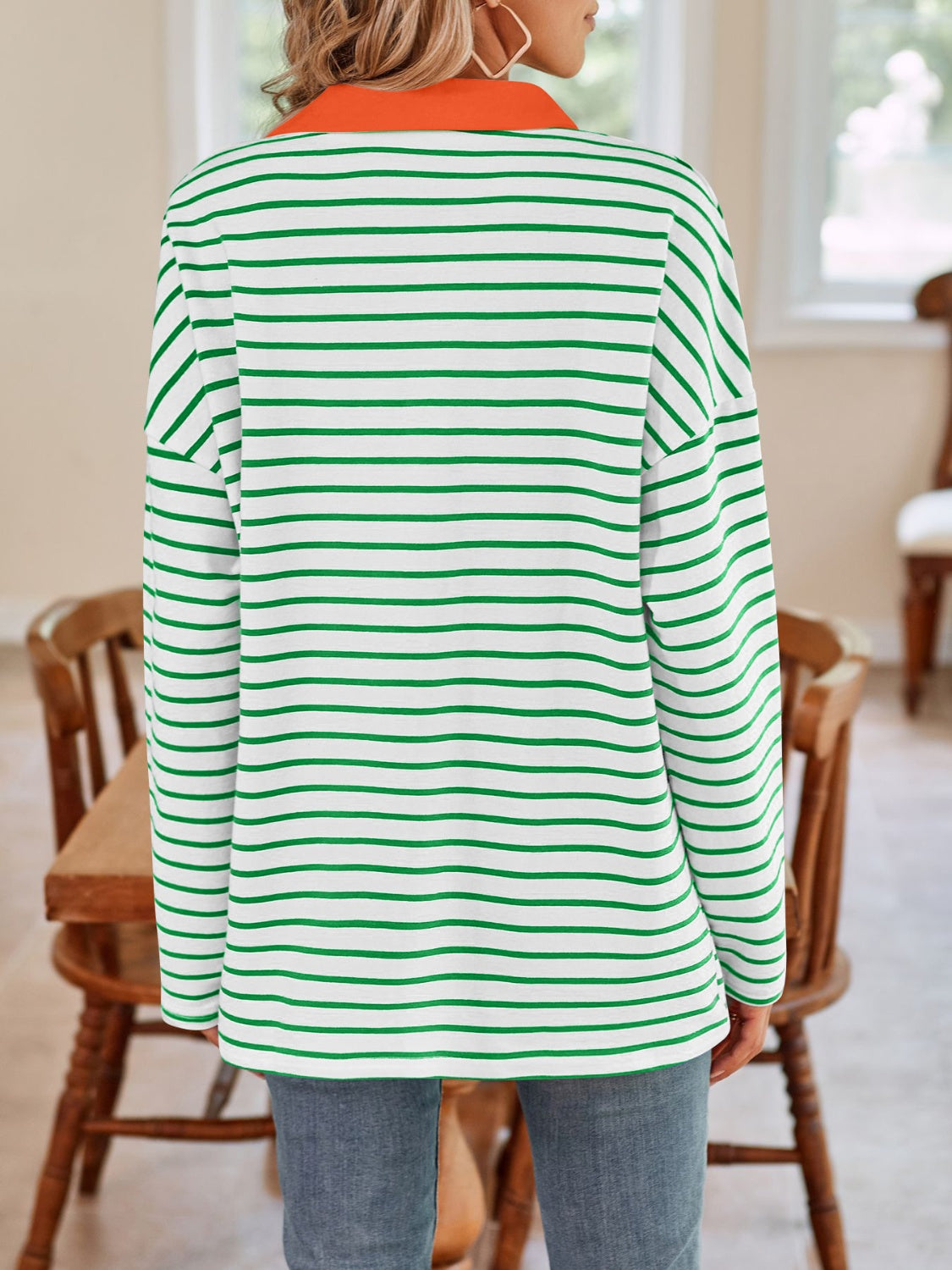 Striped Johnny Collar Long Sleeve T-Shirt in a stylish design, featuring a classic collar and soft fabric.