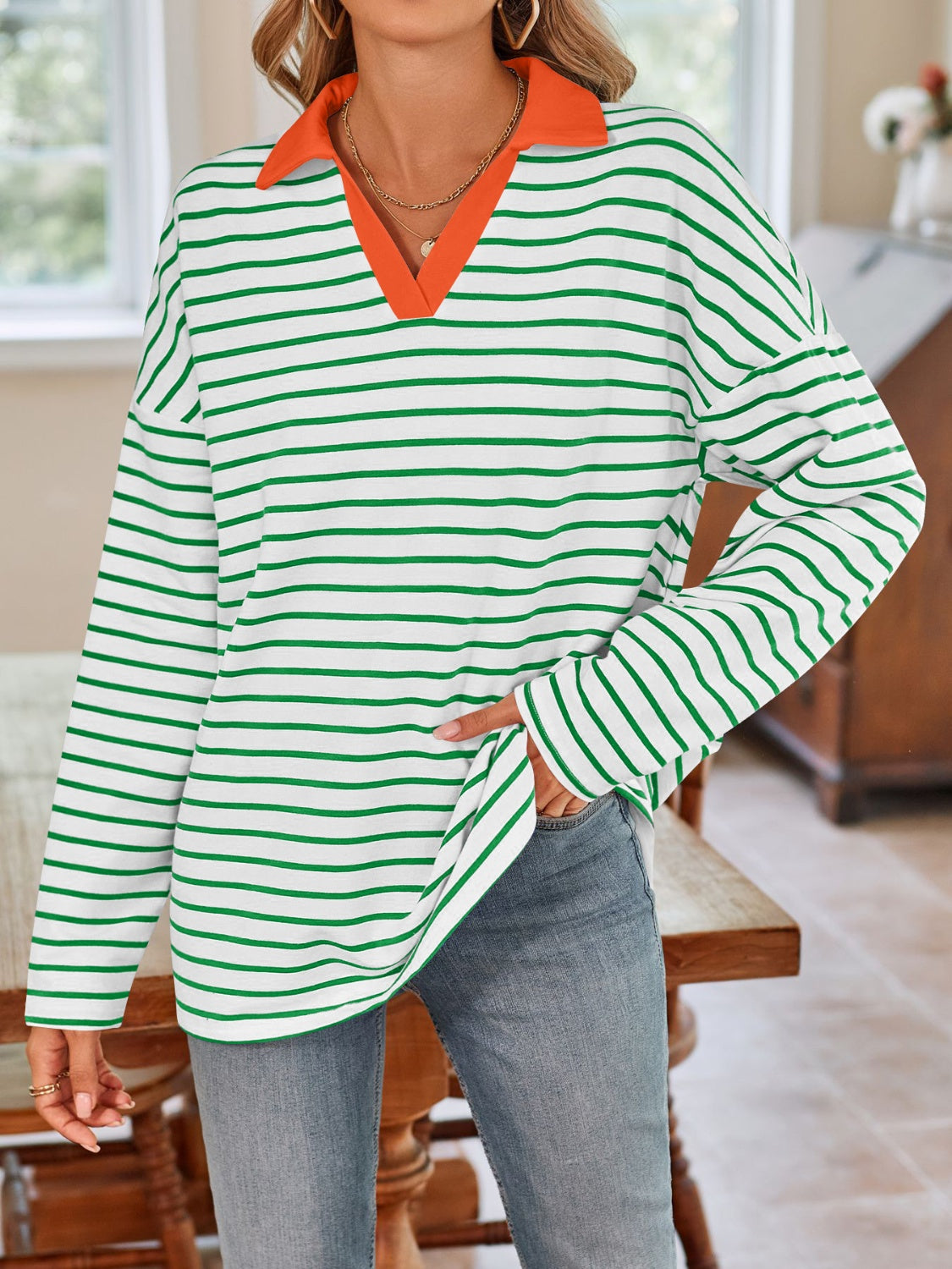 Striped Johnny Collar Long Sleeve T-Shirt in a stylish design, featuring a classic collar and soft fabric.