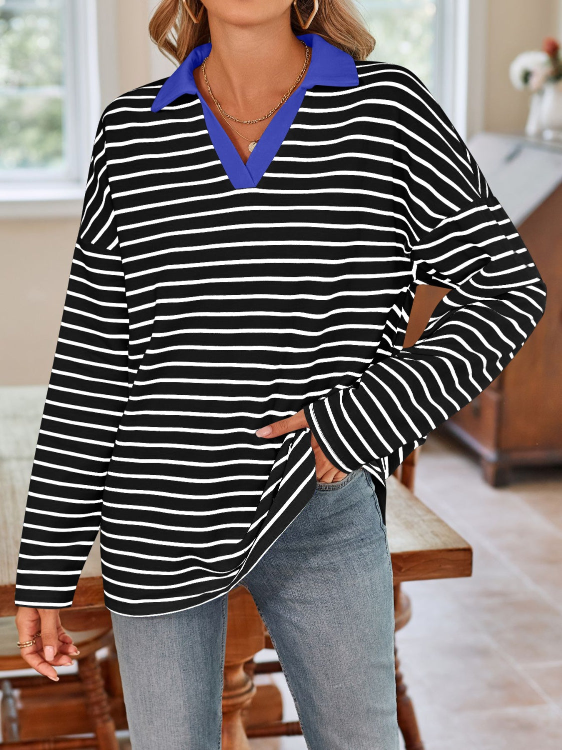 Striped Johnny Collar Long Sleeve T-Shirt in a stylish design, featuring a classic collar and soft fabric.