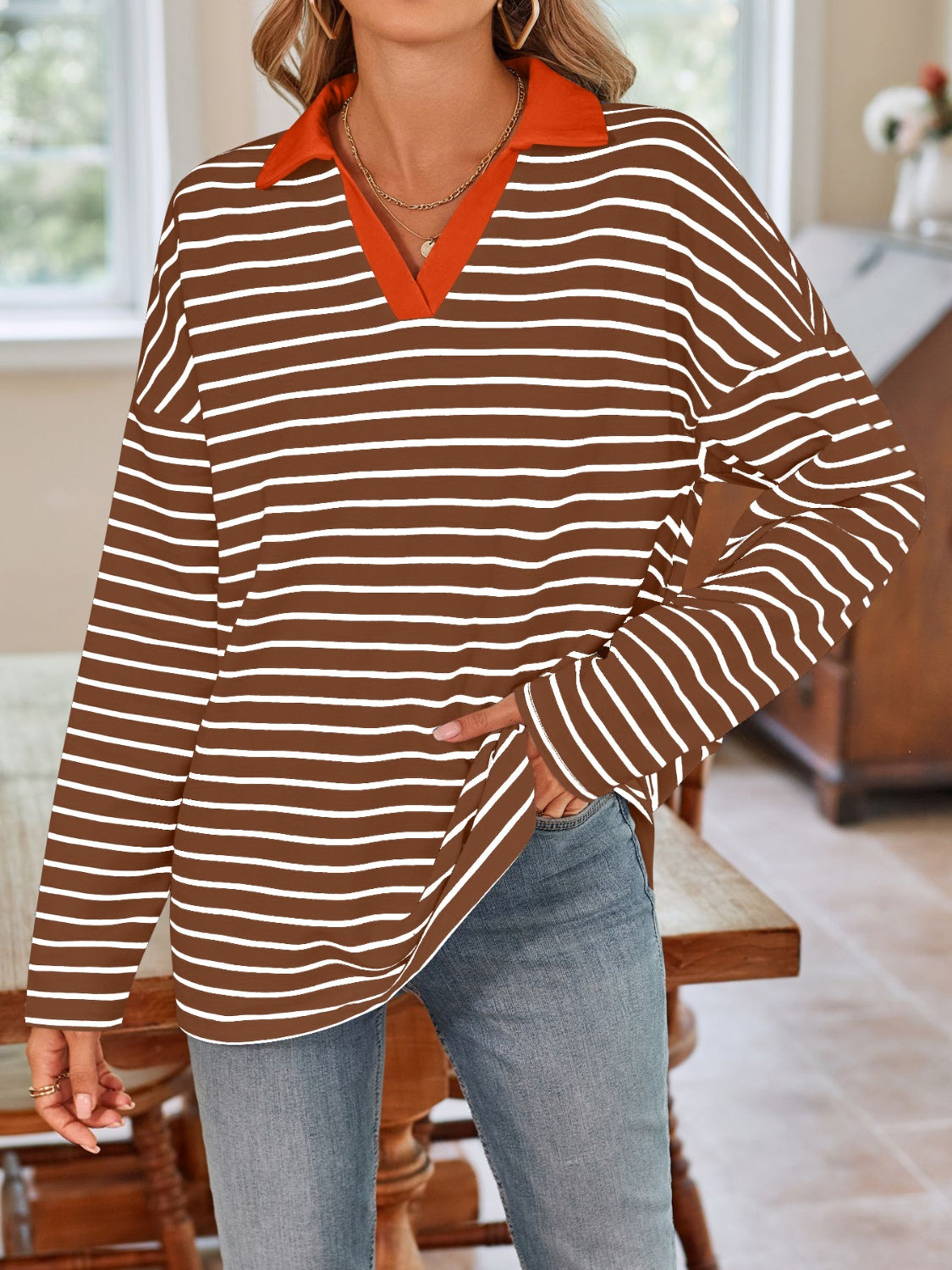 Striped Johnny Collar Long Sleeve T-Shirt in a stylish design, featuring a classic collar and soft fabric.