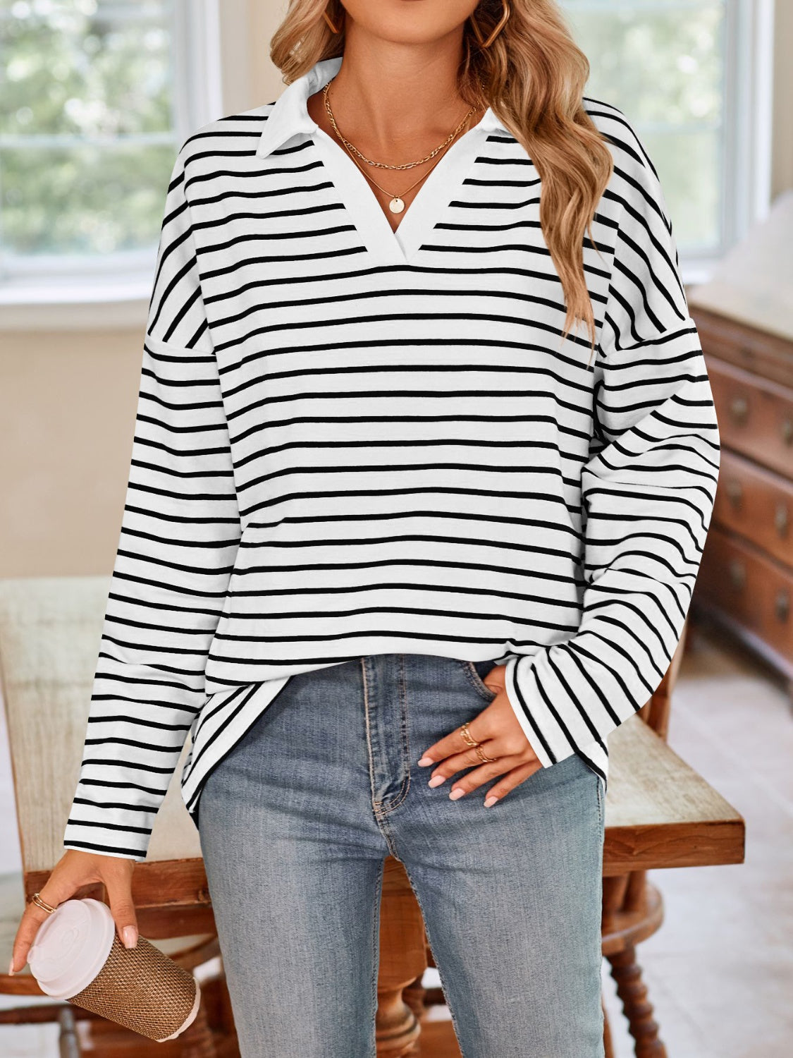 Striped Johnny Collar Long Sleeve T-Shirt in a stylish design, featuring a classic collar and soft fabric.
