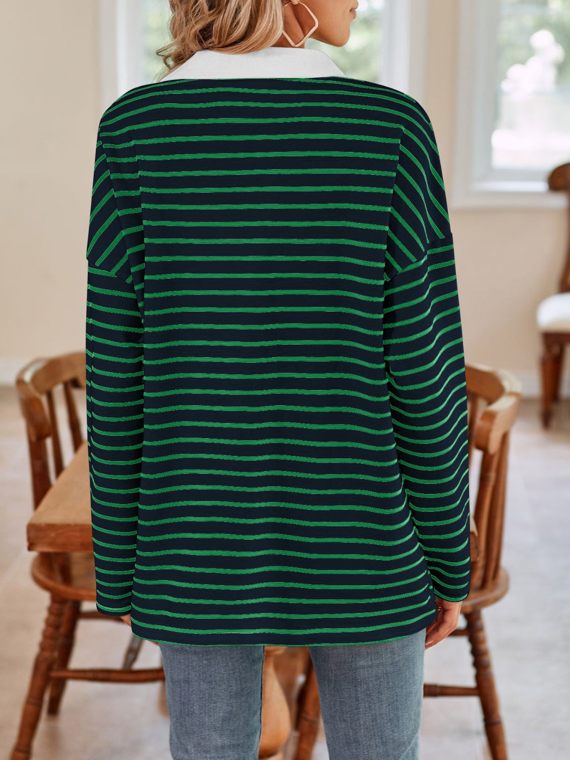 Striped Johnny Collar Long Sleeve T-Shirt in a stylish design, featuring a classic collar and soft fabric.