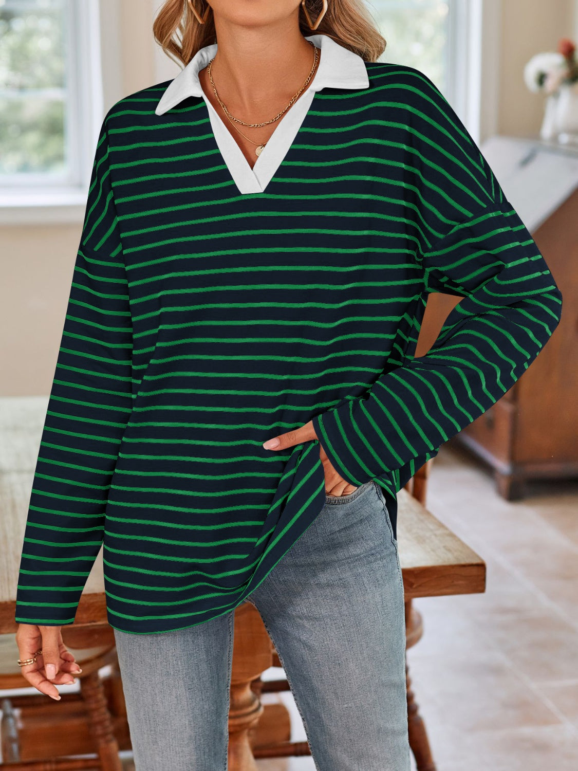Striped Johnny Collar Long Sleeve T-Shirt in a stylish design, featuring a classic collar and soft fabric.
