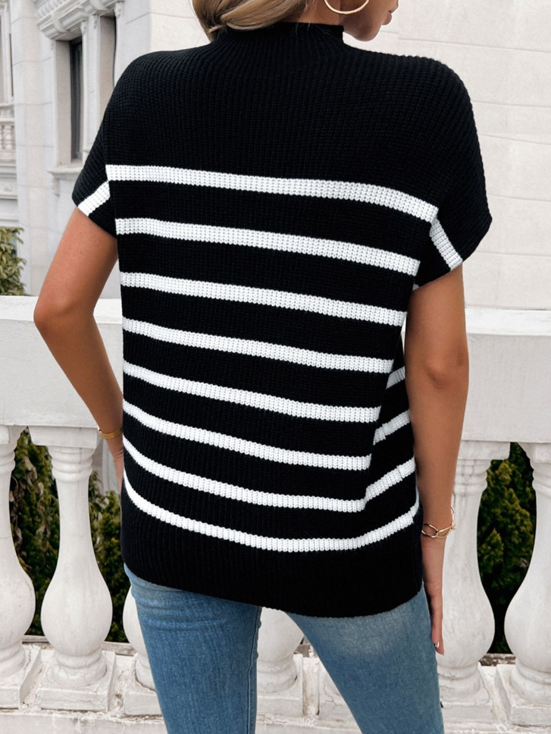 Striped Mock Neck Short Sleeve Sweater in soft fabric with a stylish design, showcasing its mock neck and short sleeves.