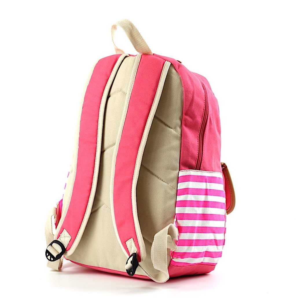 Striped travel backpack featuring a laptop pocket, padded shoulder straps, and multiple pockets in a stylish design.