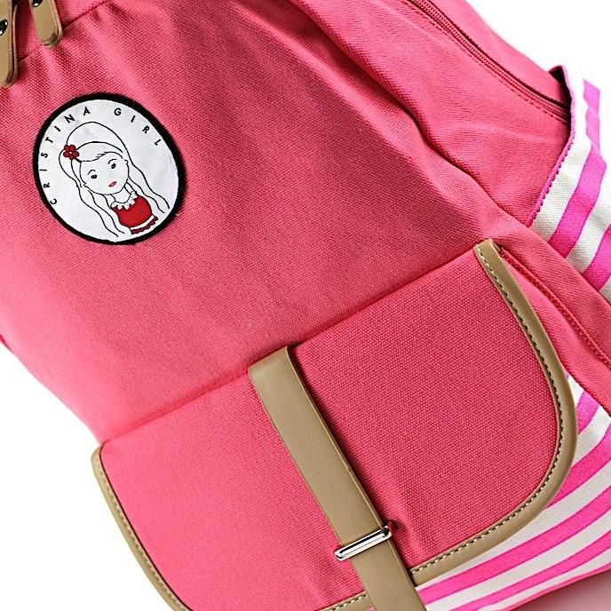 Striped travel backpack featuring a laptop pocket, padded shoulder straps, and multiple pockets in a stylish design.