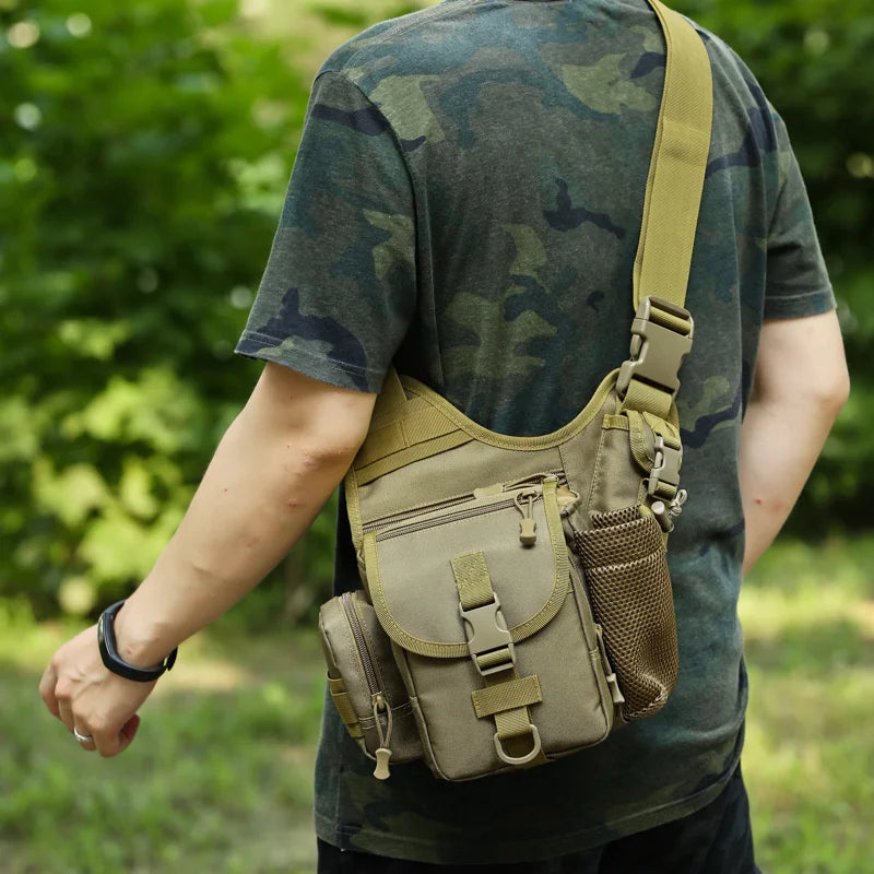 Tactical Shoulder Bag in military style, made from durable 900D Oxford material, designed for outdoor activities like camping and trekking.