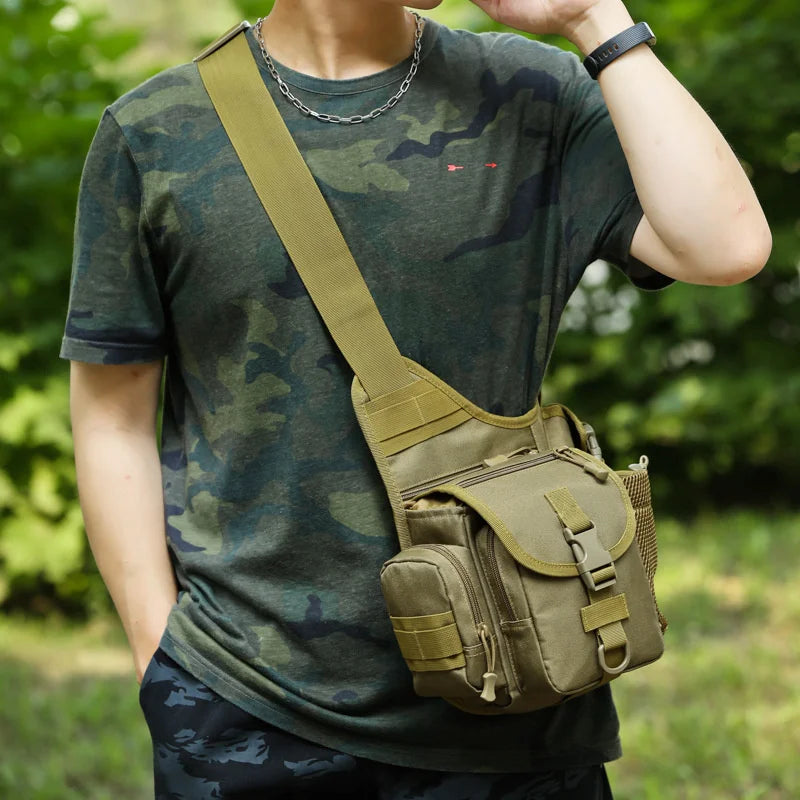 Tactical Shoulder Bag in military style, made from durable 900D Oxford material, designed for outdoor activities like camping and trekking.
