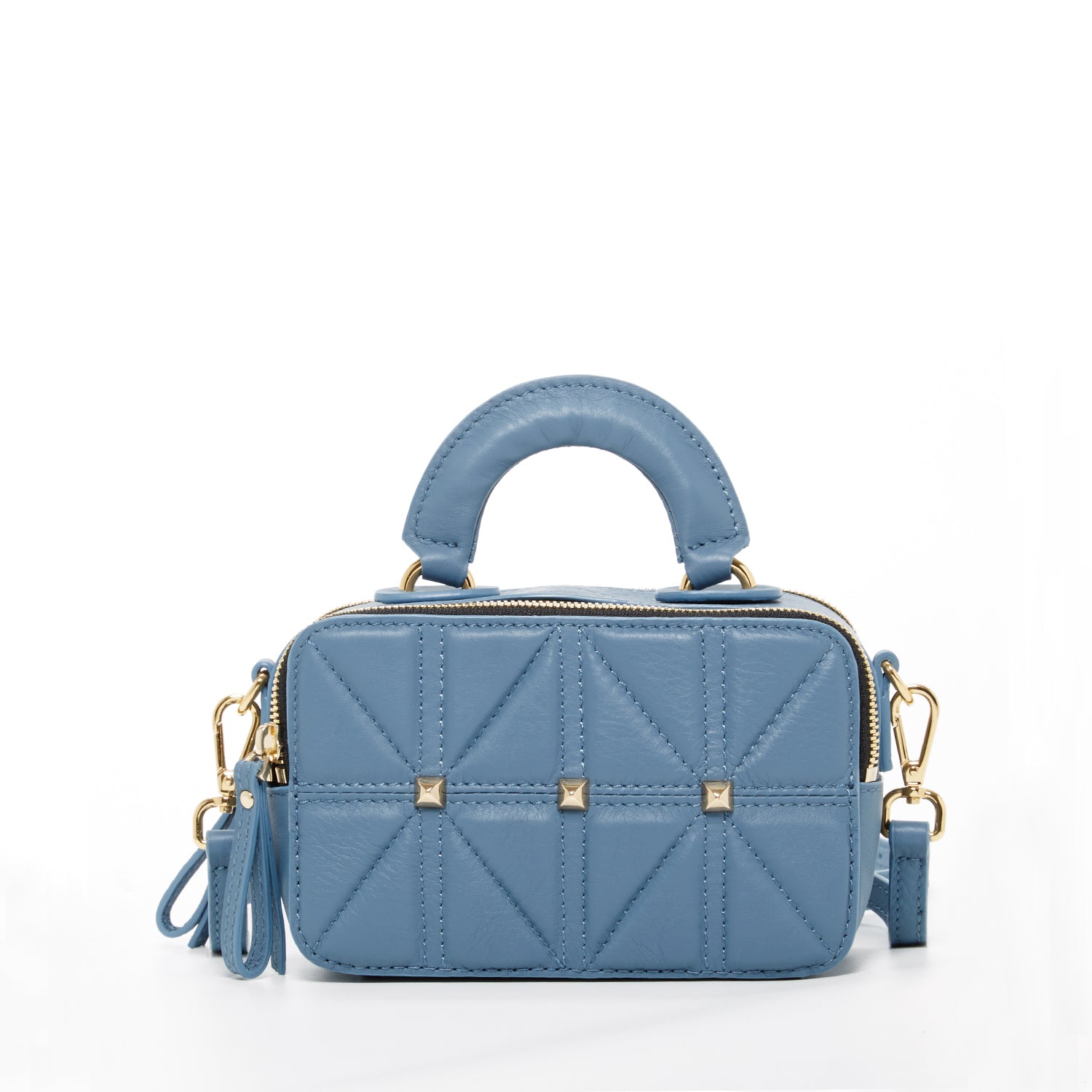 Taylor Small Crossbody Bag in blue, made of quilted Italian leather with gold hardware and adjustable strap.