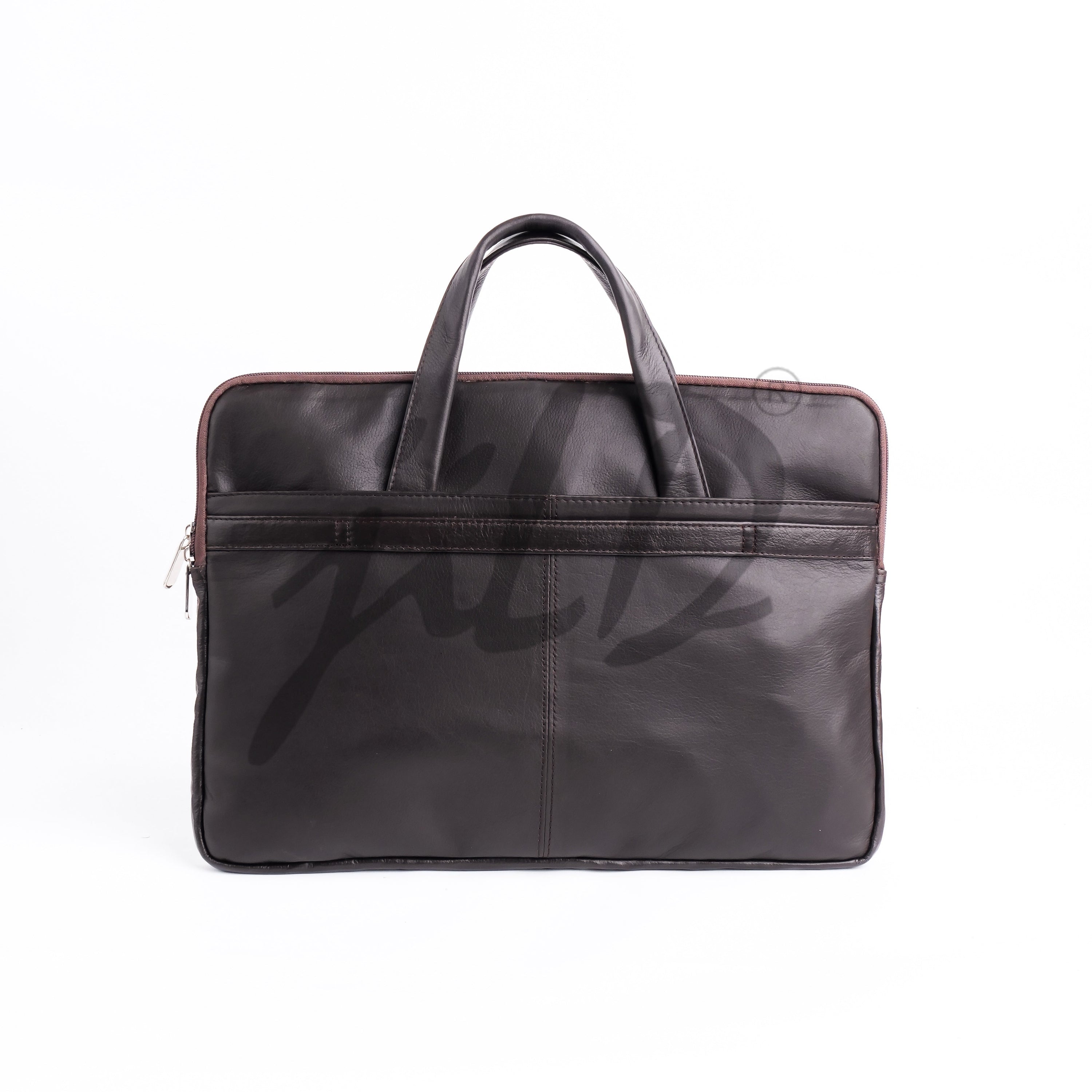 The Founder Ultra Slim Leather Laptop Bag in Dark Brown, showcasing its sleek design, padded laptop pocket, and adjustable shoulder strap.