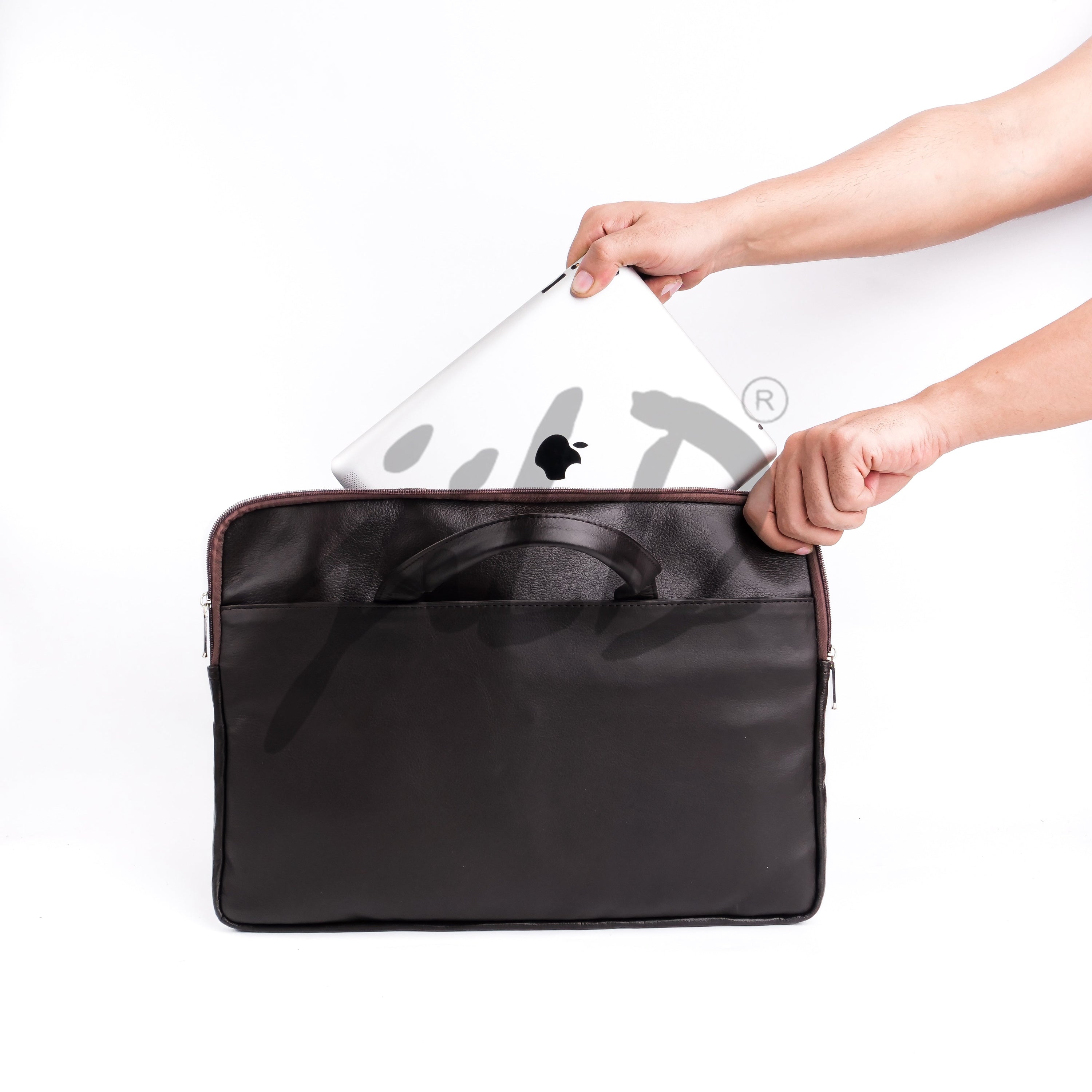 The Founder Ultra Slim Leather Laptop Bag in Dark Brown, showcasing its sleek design, padded laptop pocket, and adjustable shoulder strap.