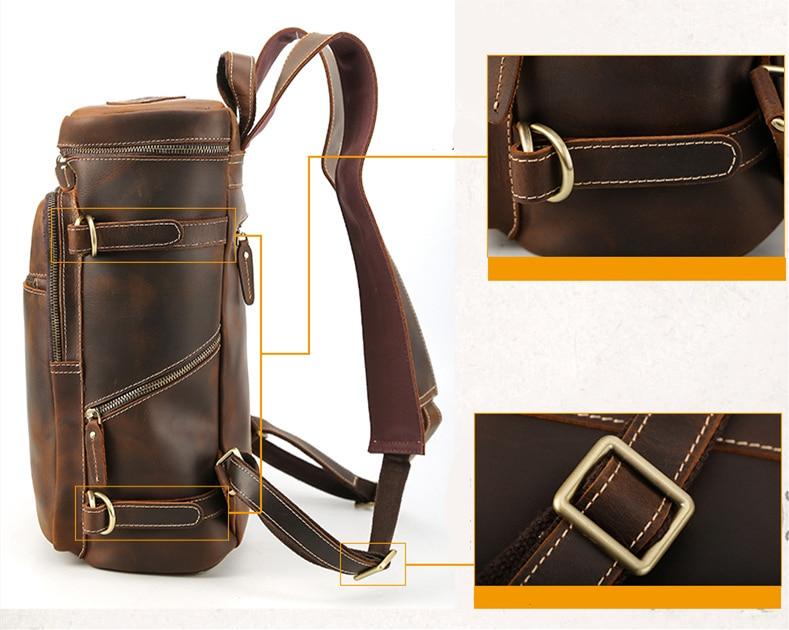 The Raoul Backpack, a handmade vintage leather backpack featuring multiple pockets and adjustable straps, showcasing its rustic charm and durability.