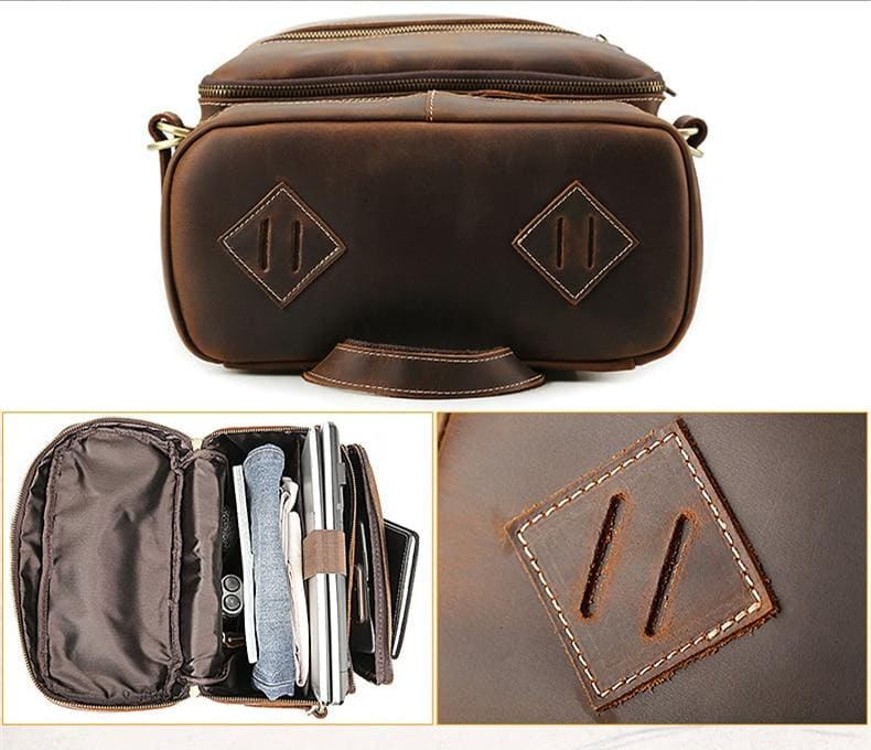 The Raoul Backpack, a handmade vintage leather backpack featuring multiple pockets and adjustable straps, showcasing its rustic charm and durability.