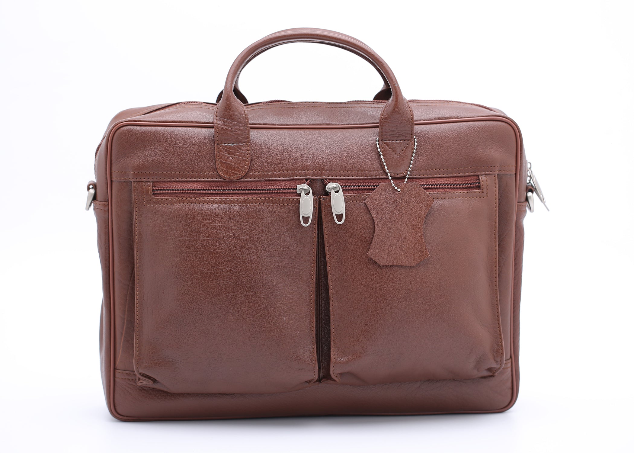 Tan leather briefcase bag with multiple compartments and adjustable shoulder strap, designed for professionals.