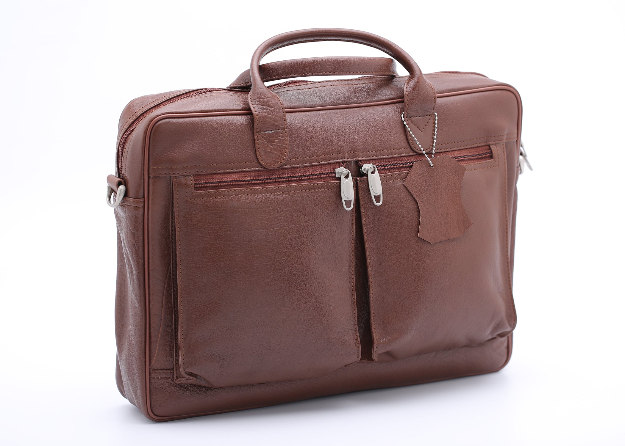 Tan leather briefcase bag with multiple compartments and adjustable shoulder strap, designed for professionals.