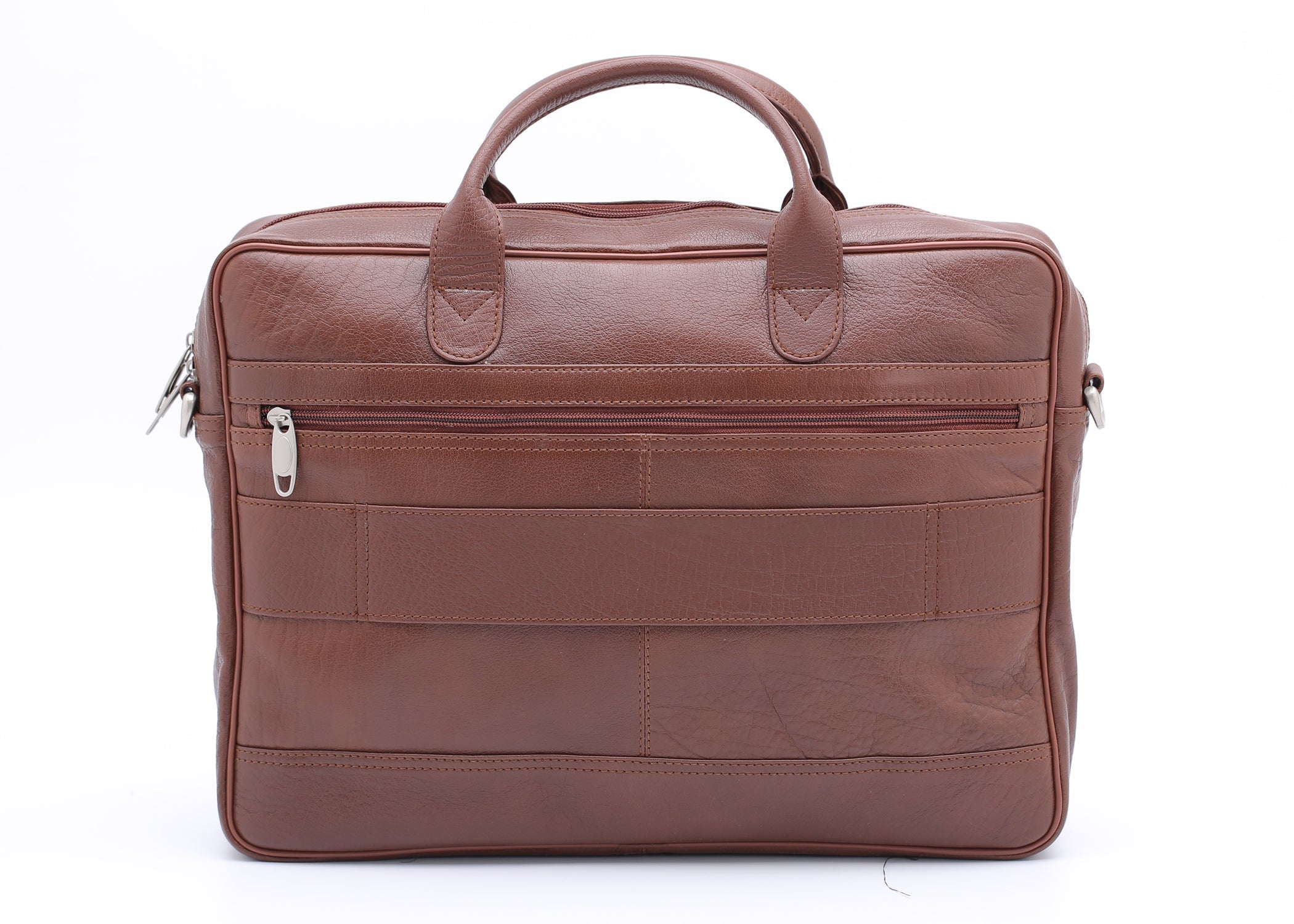 Tan leather briefcase bag with multiple compartments and adjustable shoulder strap, designed for professionals.
