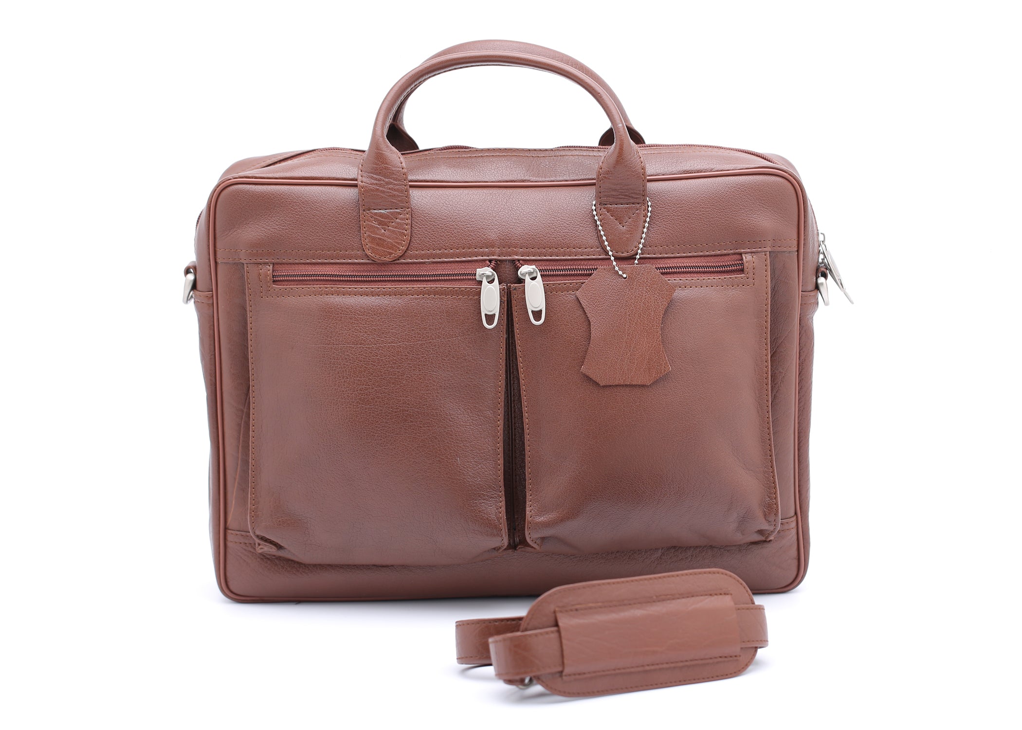 Tan leather briefcase bag with multiple compartments and adjustable shoulder strap, designed for professionals.