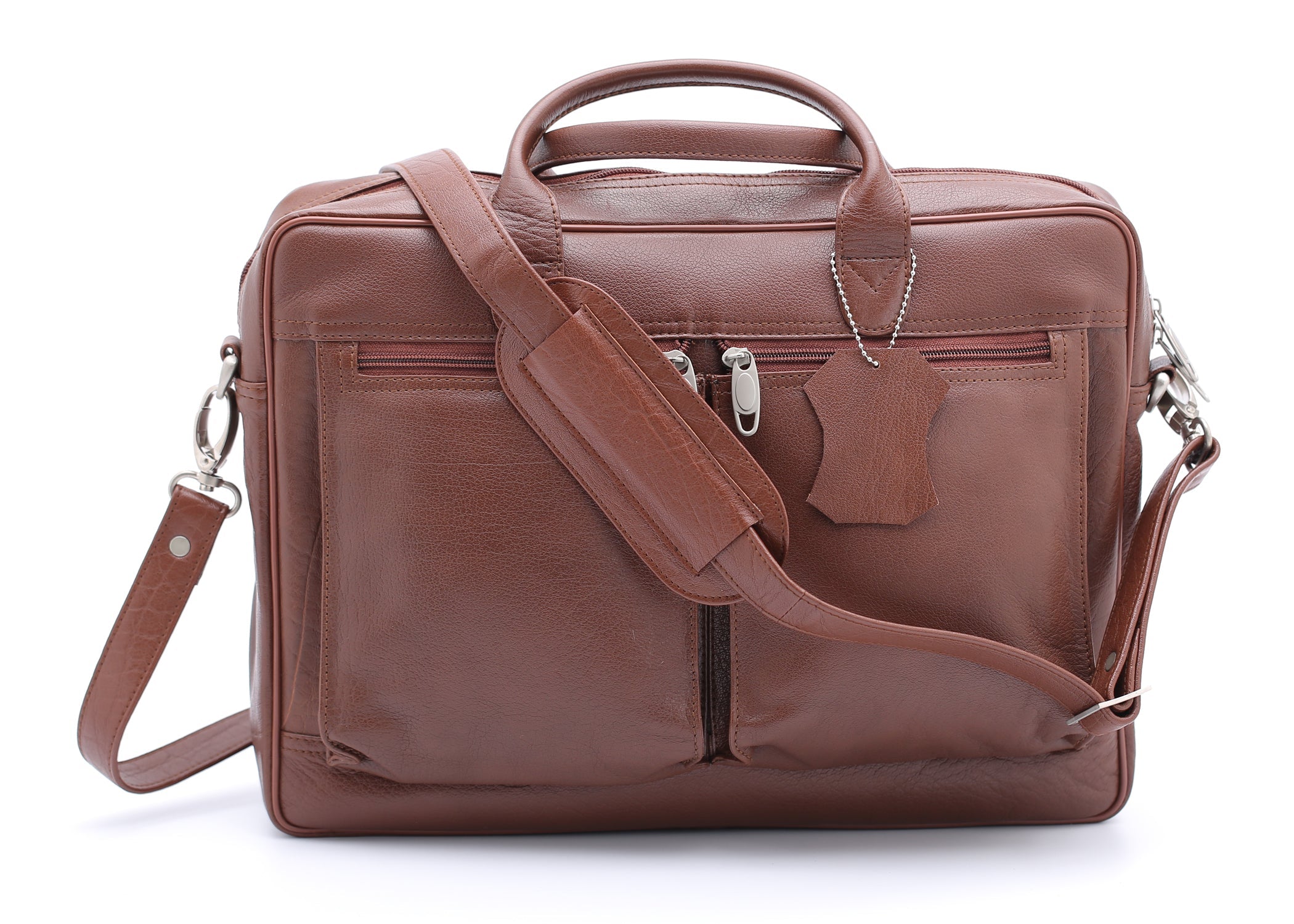 Tan leather briefcase bag with multiple compartments and adjustable shoulder strap, designed for professionals.