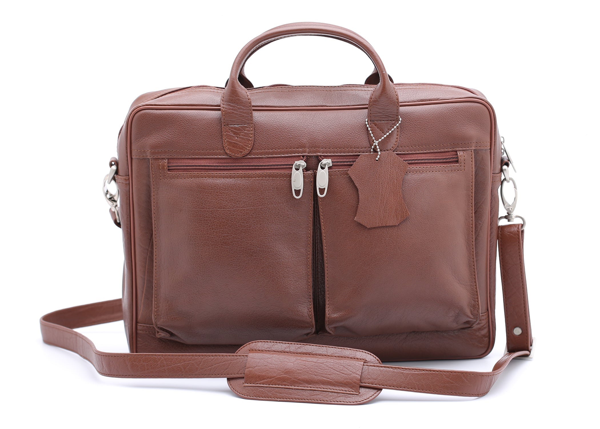 Tan leather briefcase bag with multiple compartments and adjustable shoulder strap, designed for professionals.