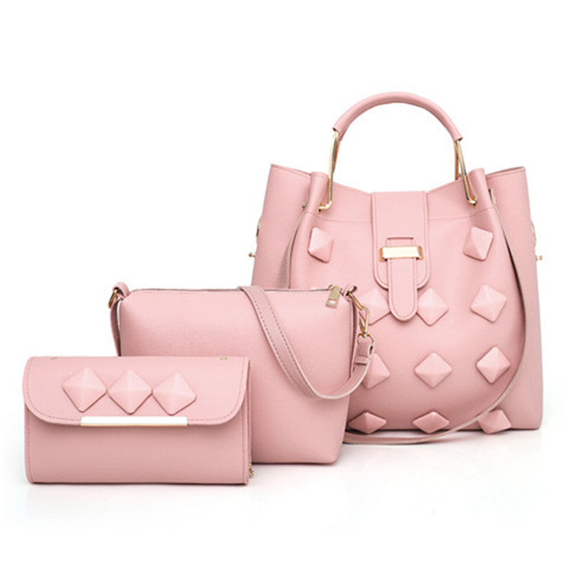 Three-piece set of fashionable women's handbags in bucket shape, made from durable PU fabric with stylish car suture detailing.