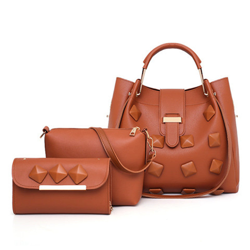 Three-piece set of fashionable women's handbags in bucket shape, made from durable PU fabric with stylish car suture detailing.