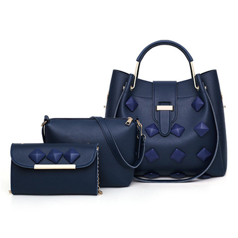 Three-piece set of fashionable women's handbags in bucket shape, made from durable PU fabric with stylish car suture detailing.