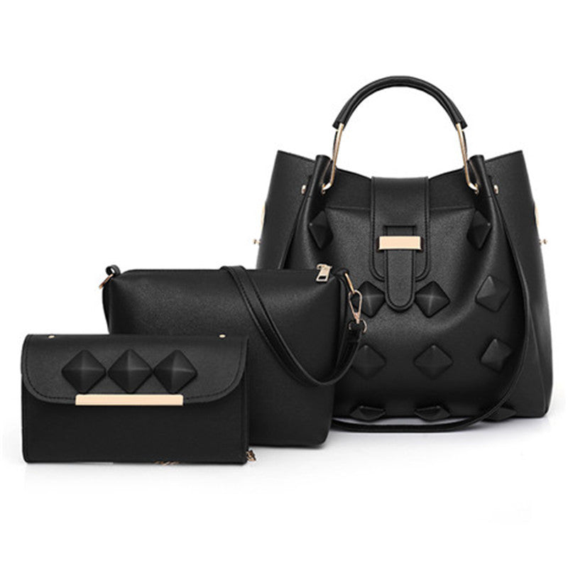 Three-piece set of fashionable women's handbags in bucket shape, made from durable PU fabric with stylish car suture detailing.