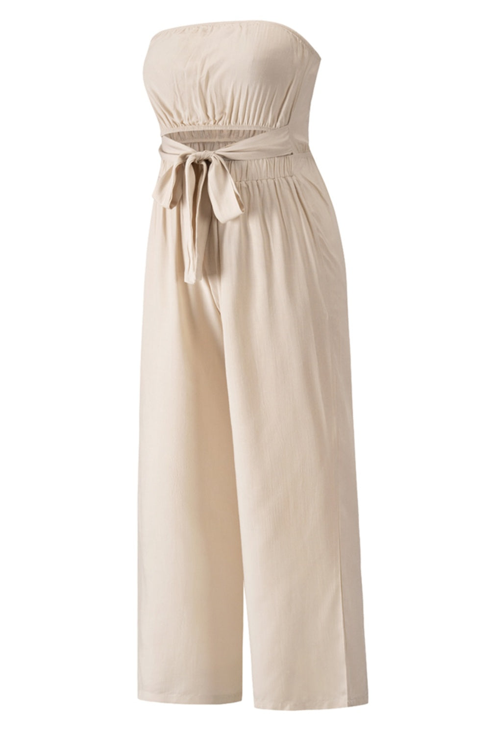 A stylish Tied Cutout Tube Wide Leg Jumpsuit featuring a tied design and wide leg cut, perfect for various occasions.