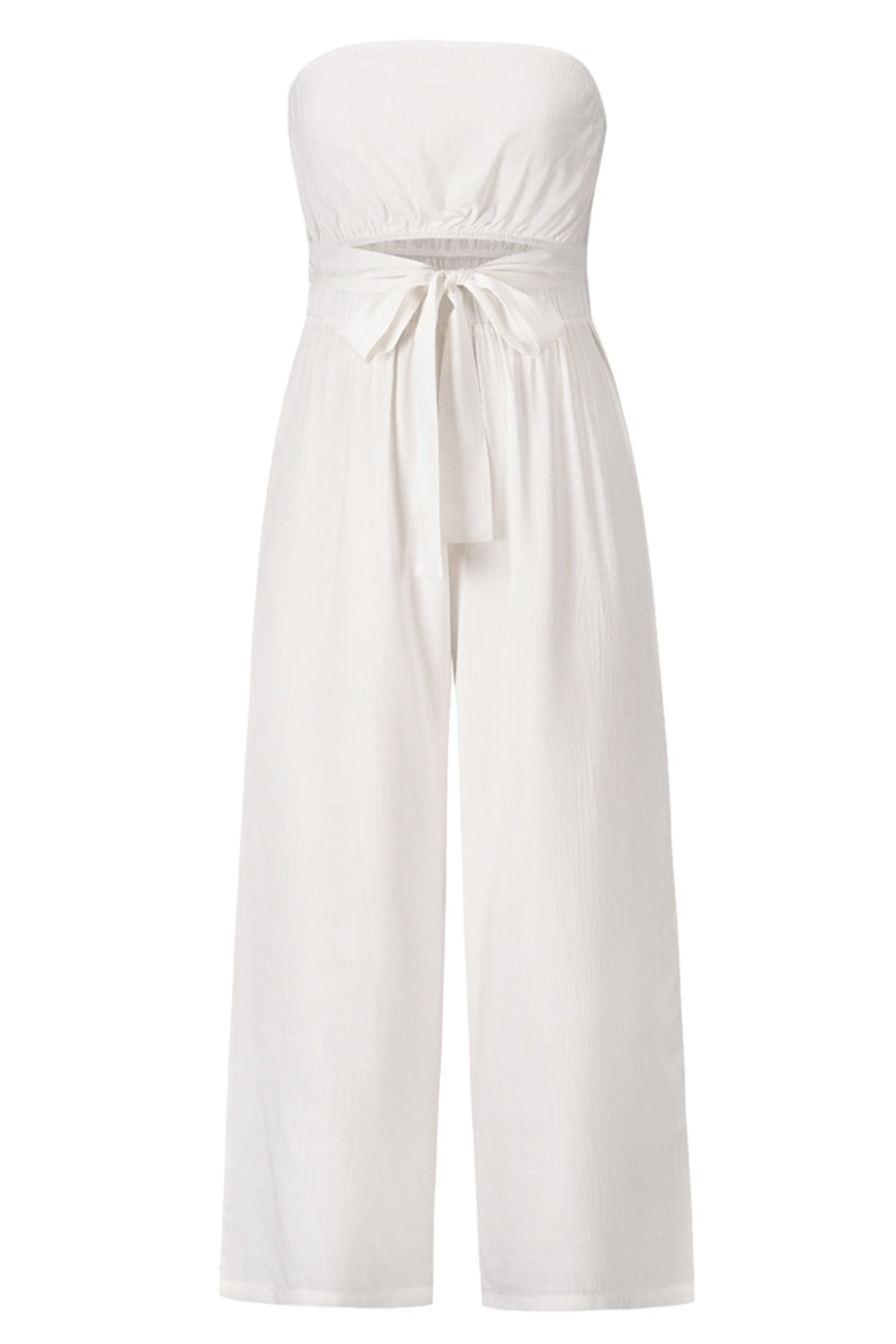 A stylish Tied Cutout Tube Wide Leg Jumpsuit featuring a tied design and wide leg cut, perfect for various occasions.