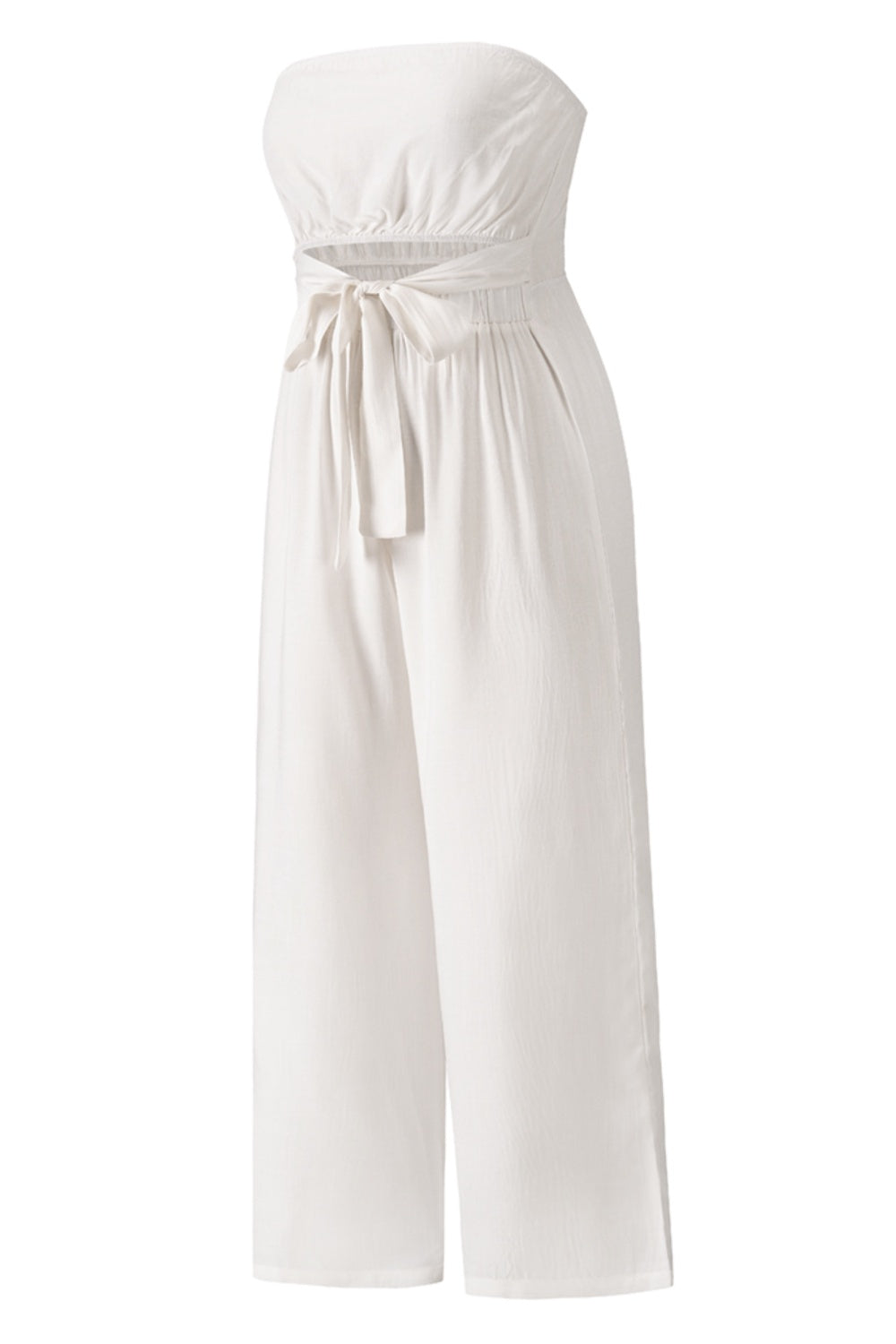 A stylish Tied Cutout Tube Wide Leg Jumpsuit featuring a tied design and wide leg cut, perfect for various occasions.