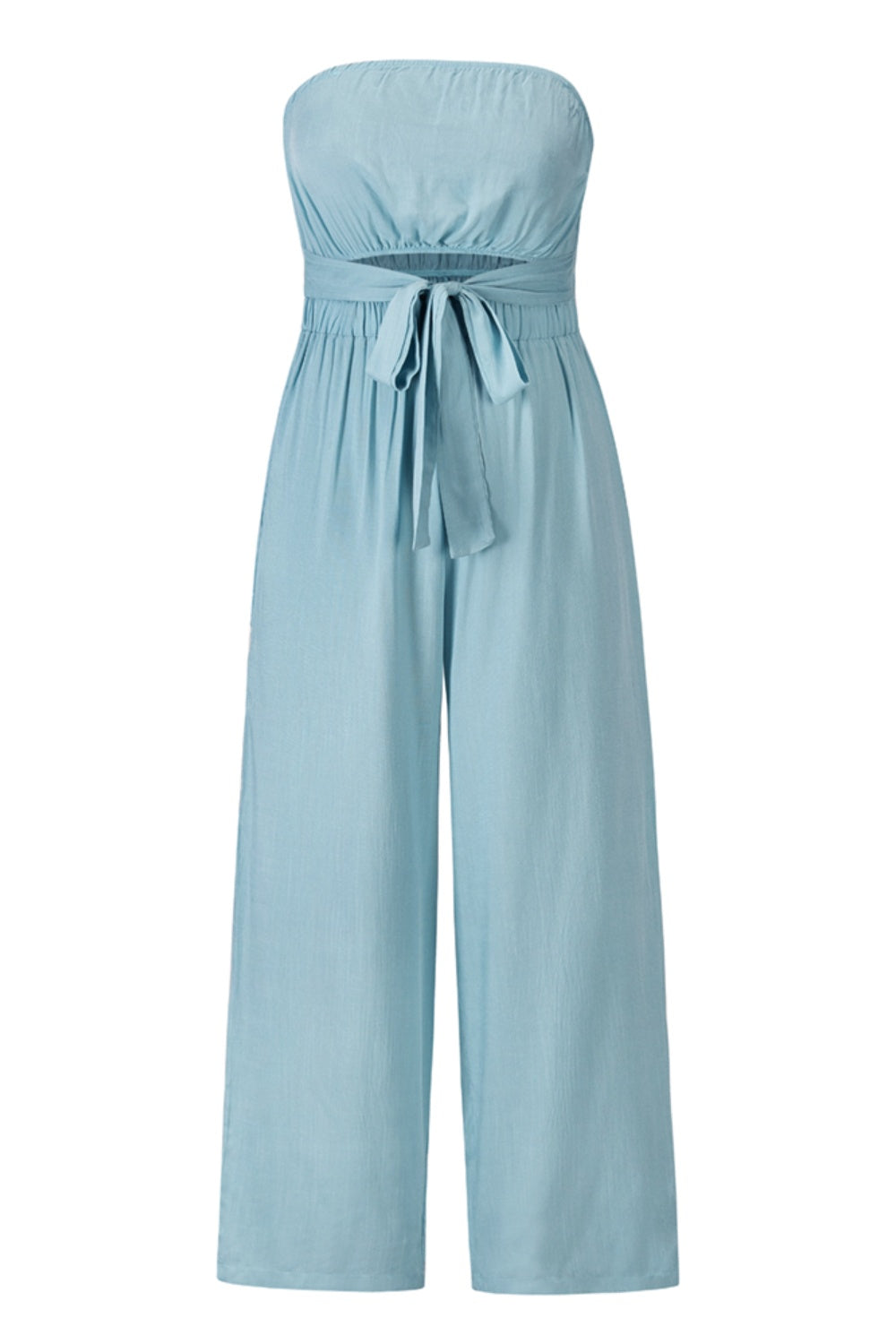 A stylish Tied Cutout Tube Wide Leg Jumpsuit featuring a tied design and wide leg cut, perfect for various occasions.