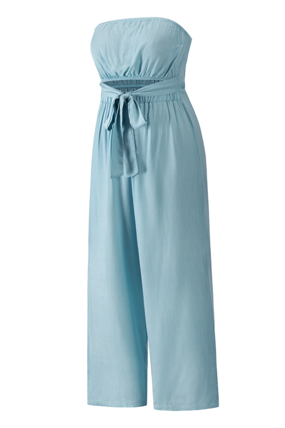 A stylish Tied Cutout Tube Wide Leg Jumpsuit featuring a tied design and wide leg cut, perfect for various occasions.