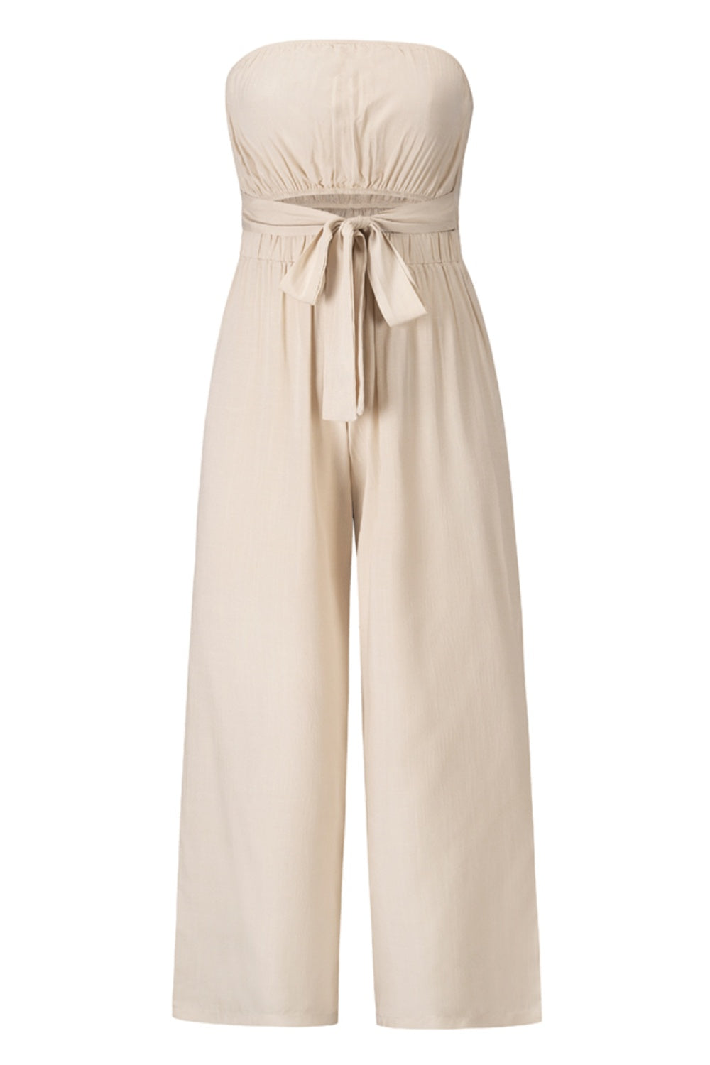 A stylish Tied Cutout Tube Wide Leg Jumpsuit featuring a tied design and wide leg cut, perfect for various occasions.