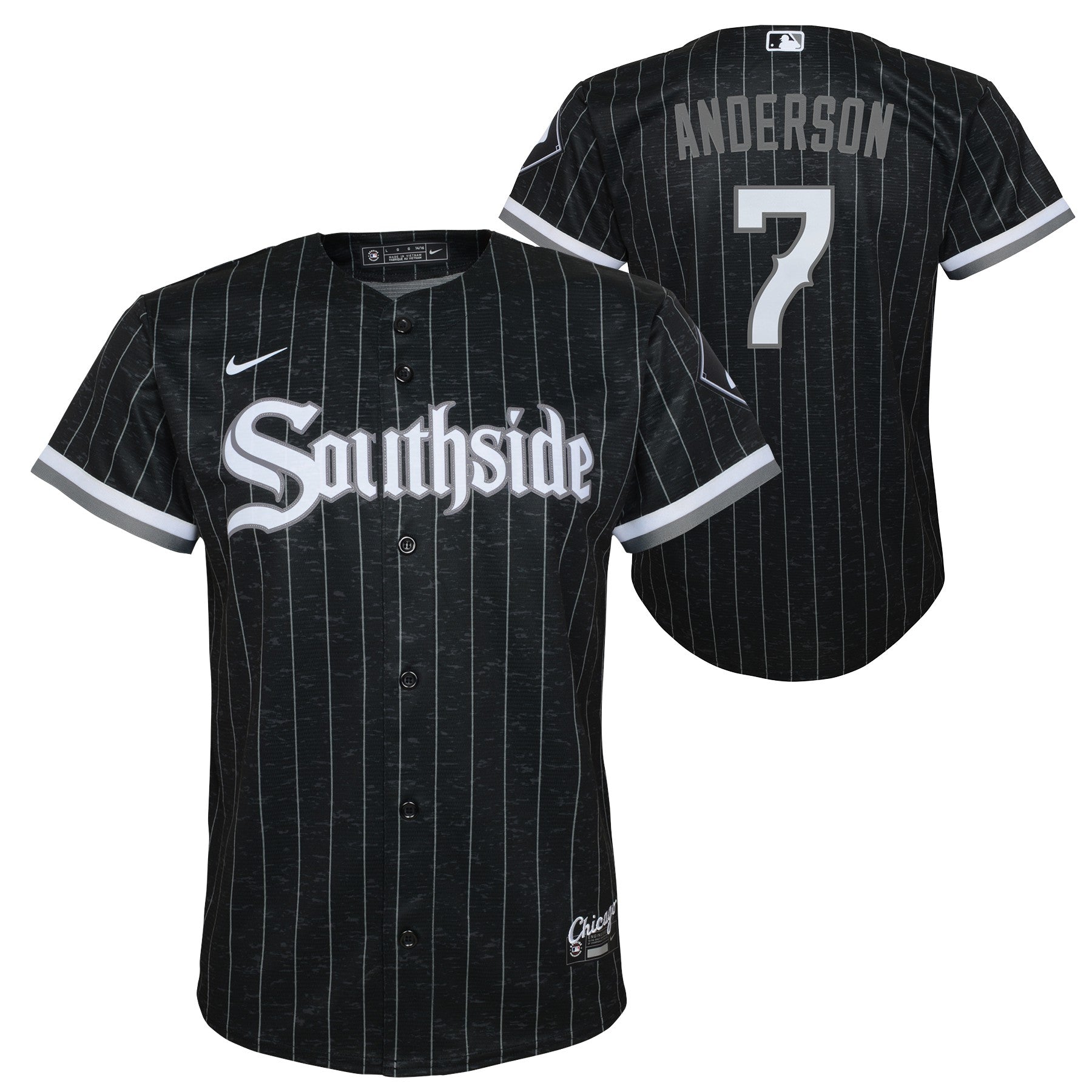 Tim Anderson Chicago White Sox Child Nike Black City Connect Replica jersey featuring team logo and Nike branding.