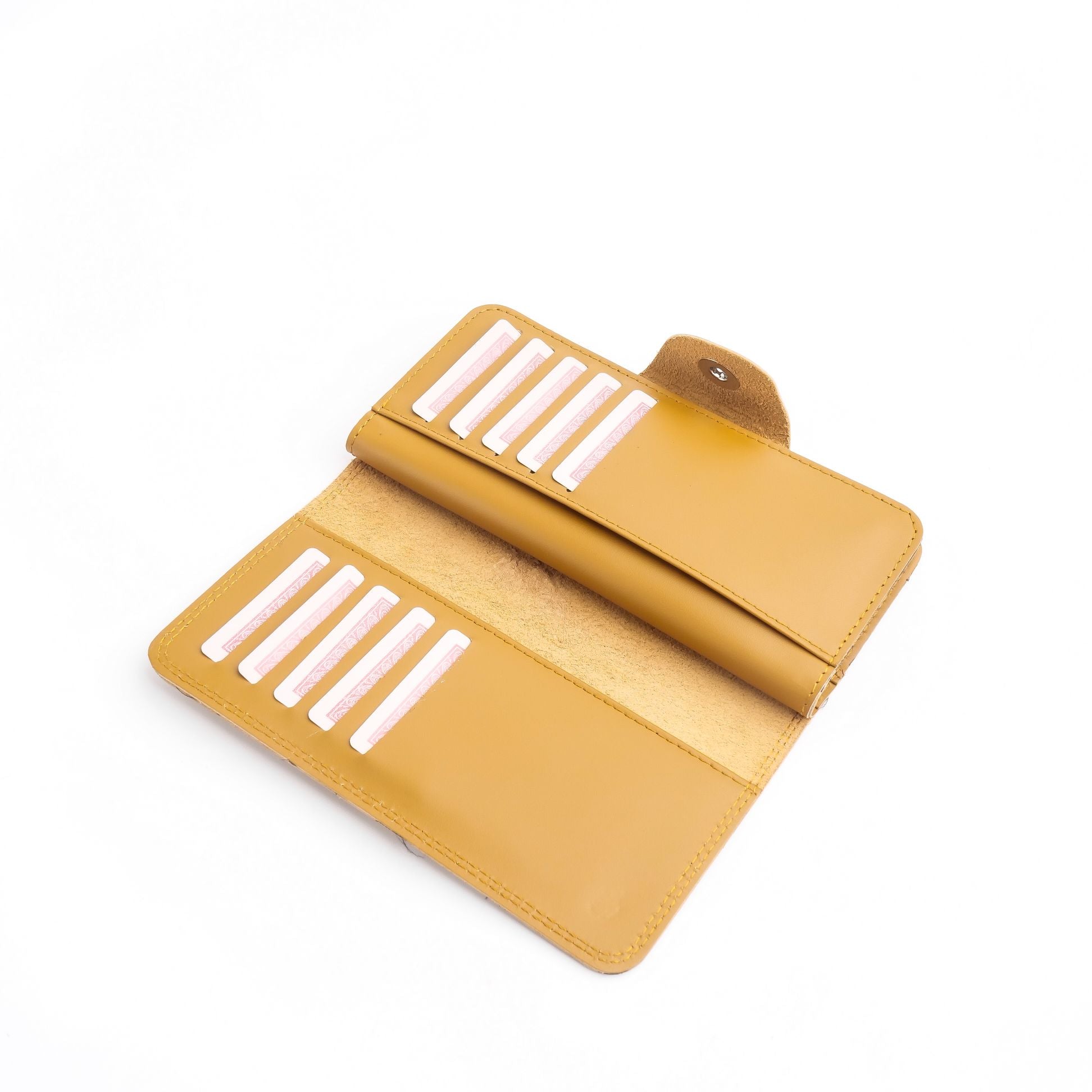 Tri-Fold Pure Leather Long Wallet in Camel Brown with button closure, showcasing multiple compartments and card slots.