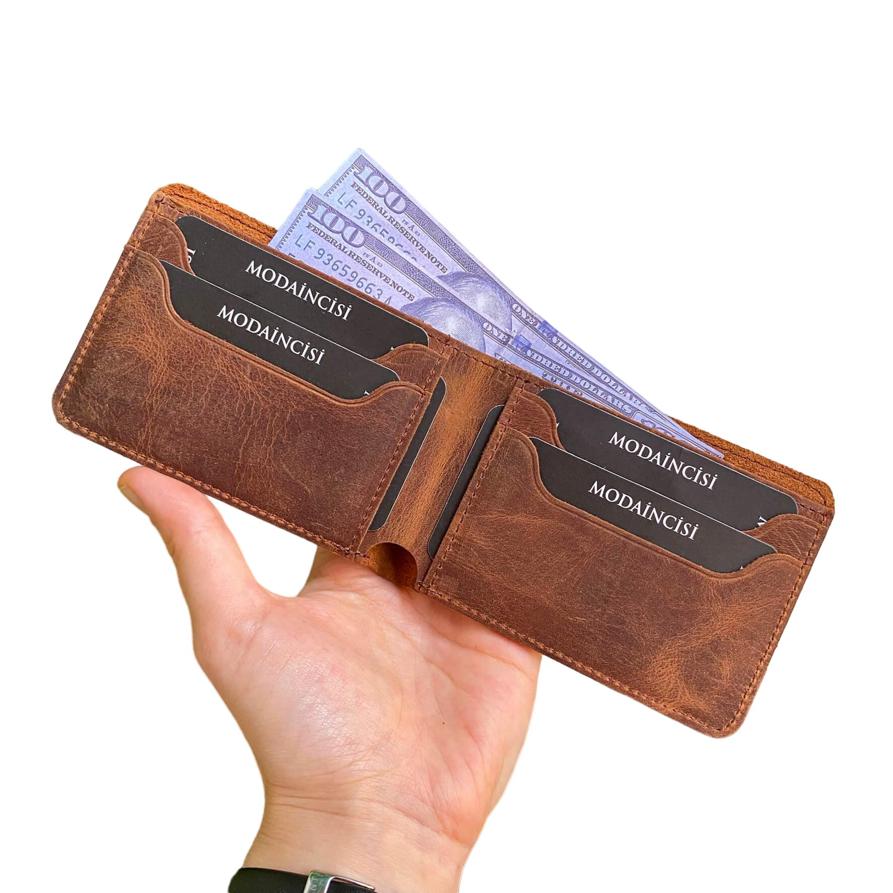 Tulipa Genuine Leather Natural Wallet in four colors: Brown, Red, Blue, and Green, showcasing its sleek design and card slots.