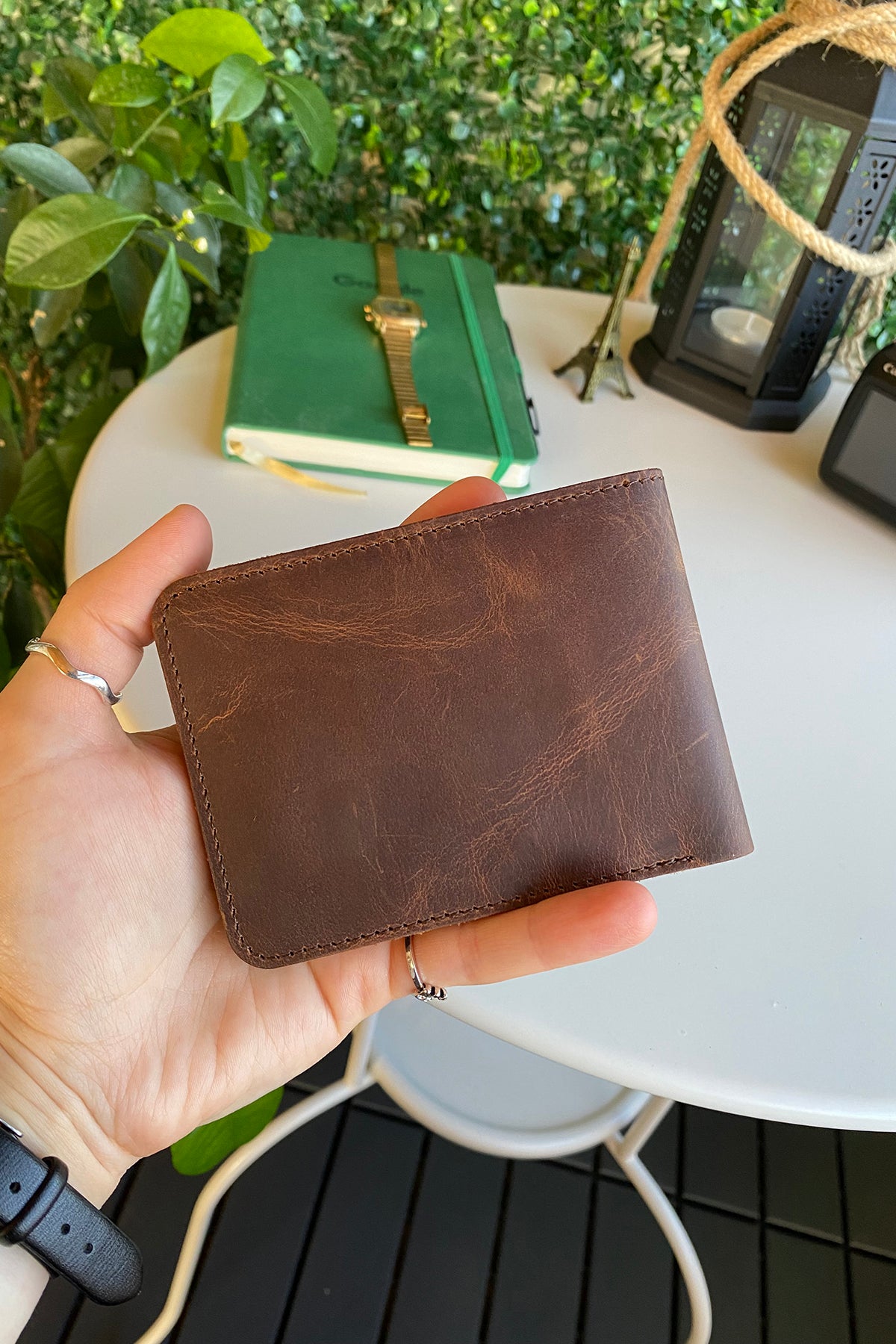Tulipa Genuine Leather Natural Wallet in four colors: Brown, Red, Blue, and Green, showcasing its sleek design and card slots.