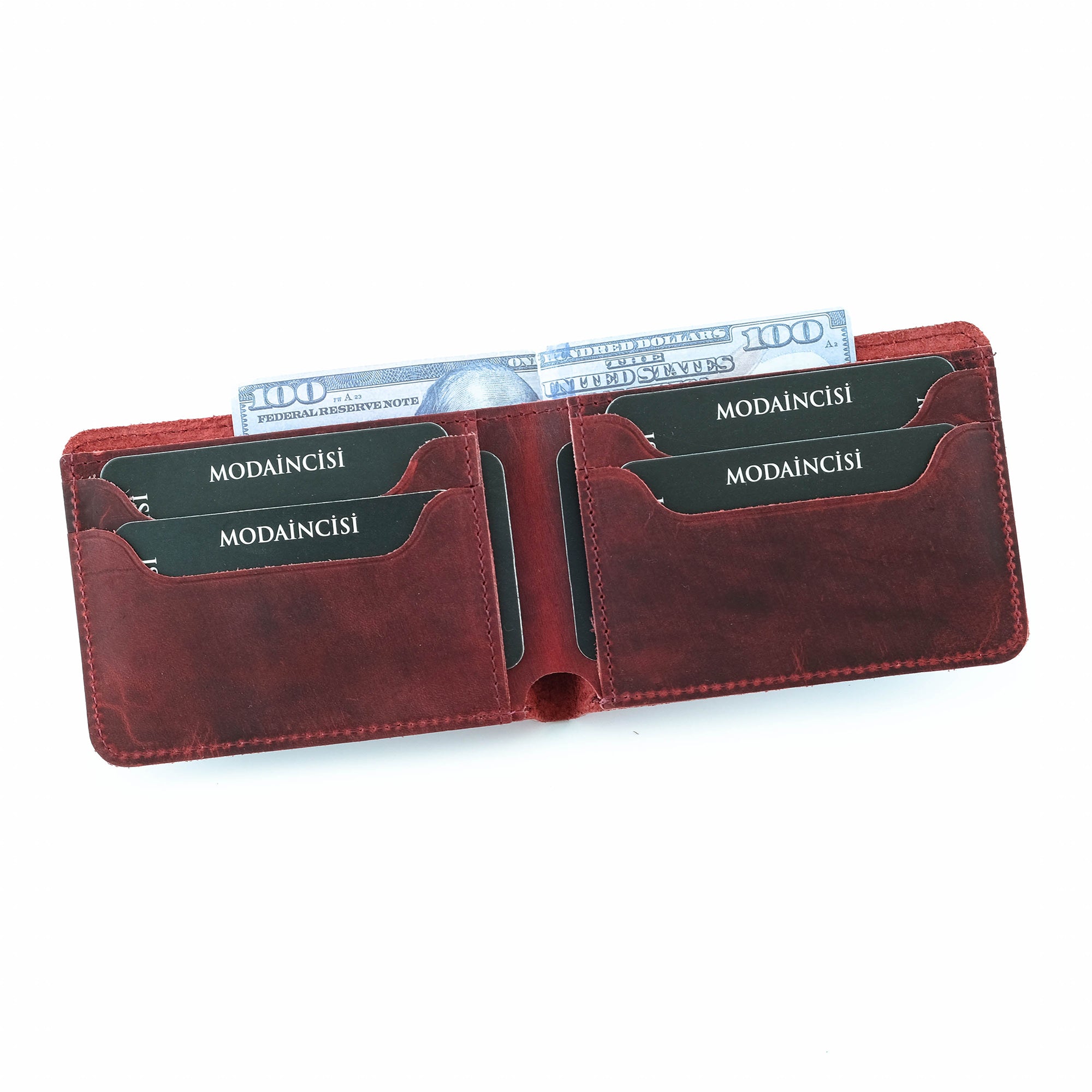 Tulipa Genuine Leather Natural Wallet in four colors: Brown, Red, Blue, and Green, showcasing its sleek design and card slots.