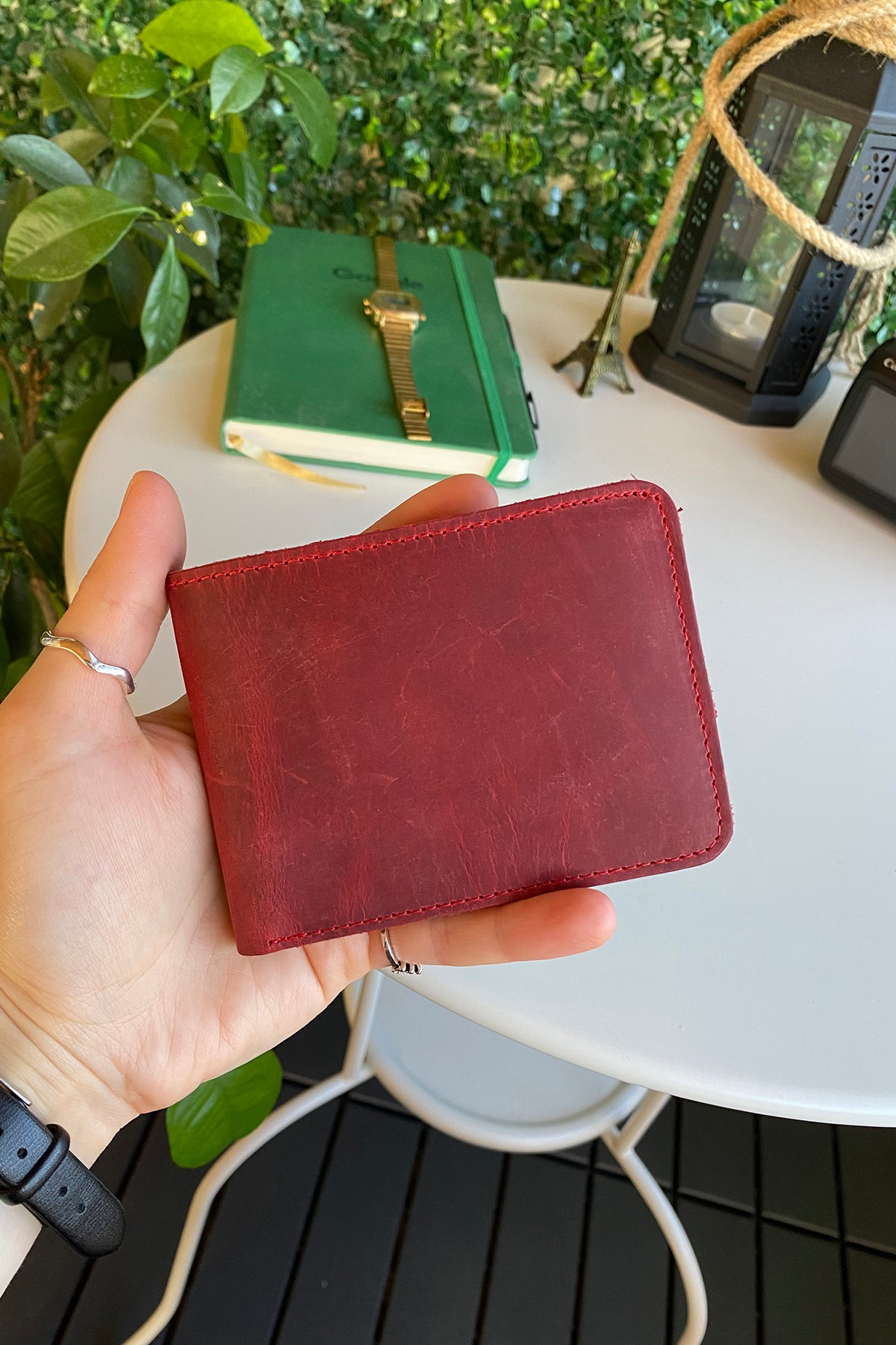 Tulipa Genuine Leather Natural Wallet in four colors: Brown, Red, Blue, and Green, showcasing its sleek design and card slots.