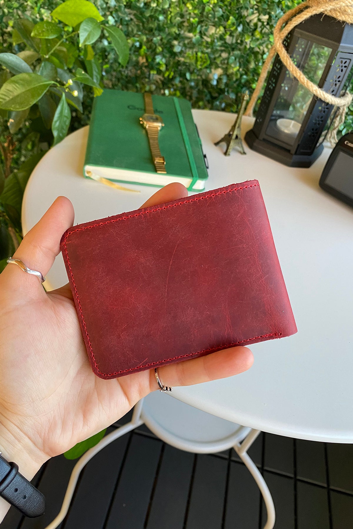 Tulipa Genuine Leather Natural Wallet in four colors: Brown, Red, Blue, and Green, showcasing its sleek design and card slots.