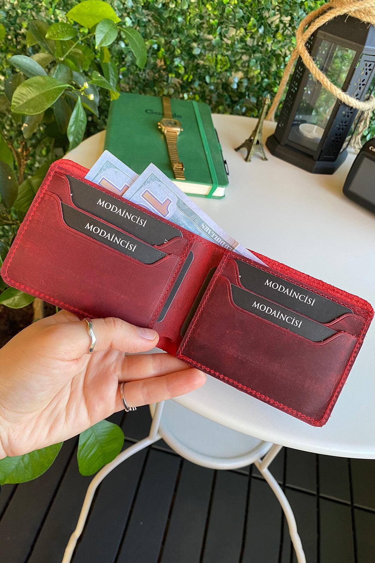 Tulipa Genuine Leather Natural Wallet in four colors: Brown, Red, Blue, and Green, showcasing its sleek design and card slots.