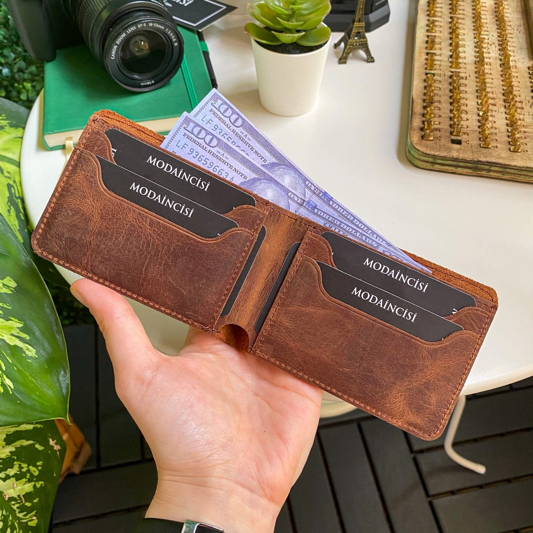 Tulipa Genuine Leather Natural Wallet in four colors: Brown, Red, Blue, and Green, showcasing its sleek design and card slots.