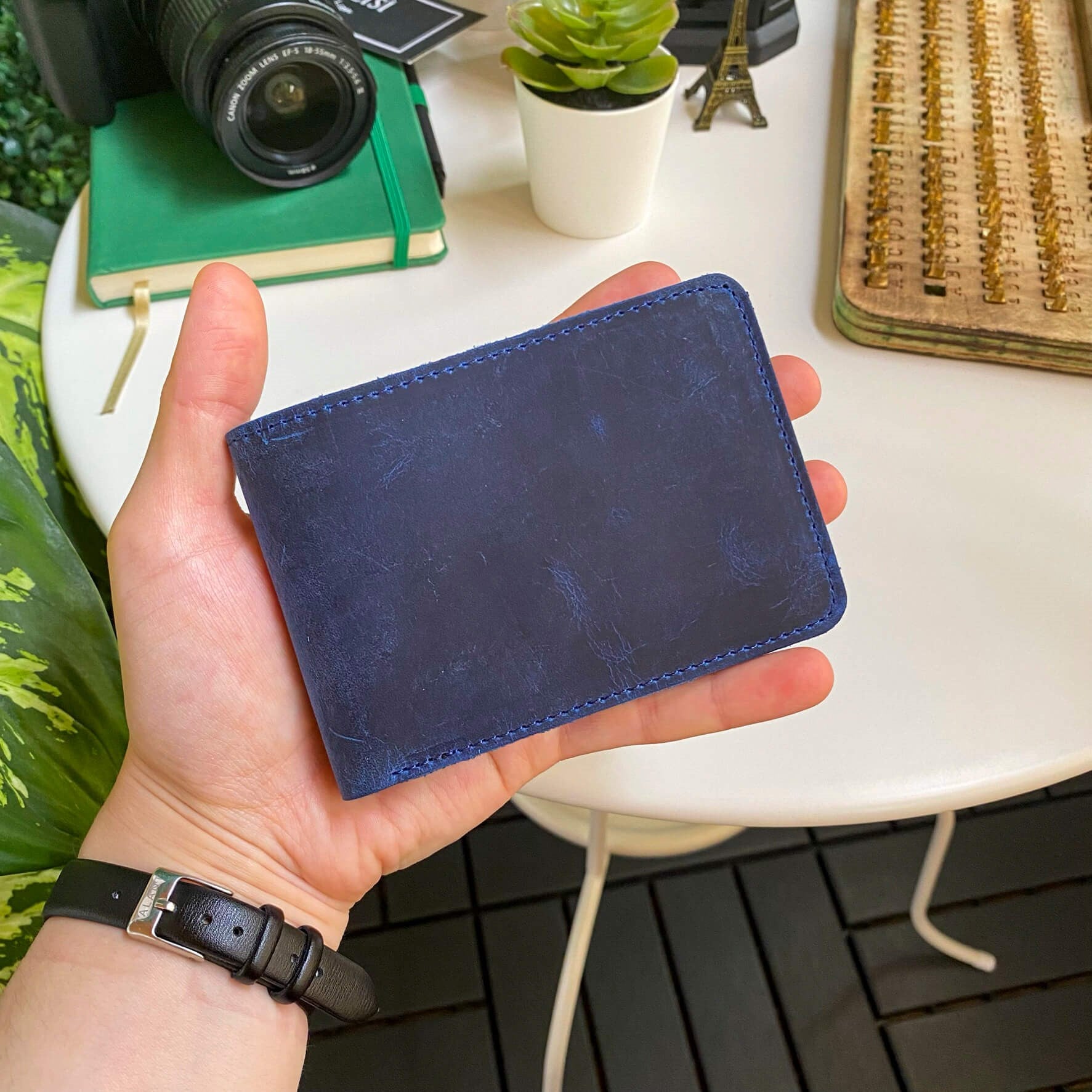 Tulipa Genuine Leather Natural Wallet in four colors: Brown, Red, Blue, and Green, showcasing its sleek design and card slots.