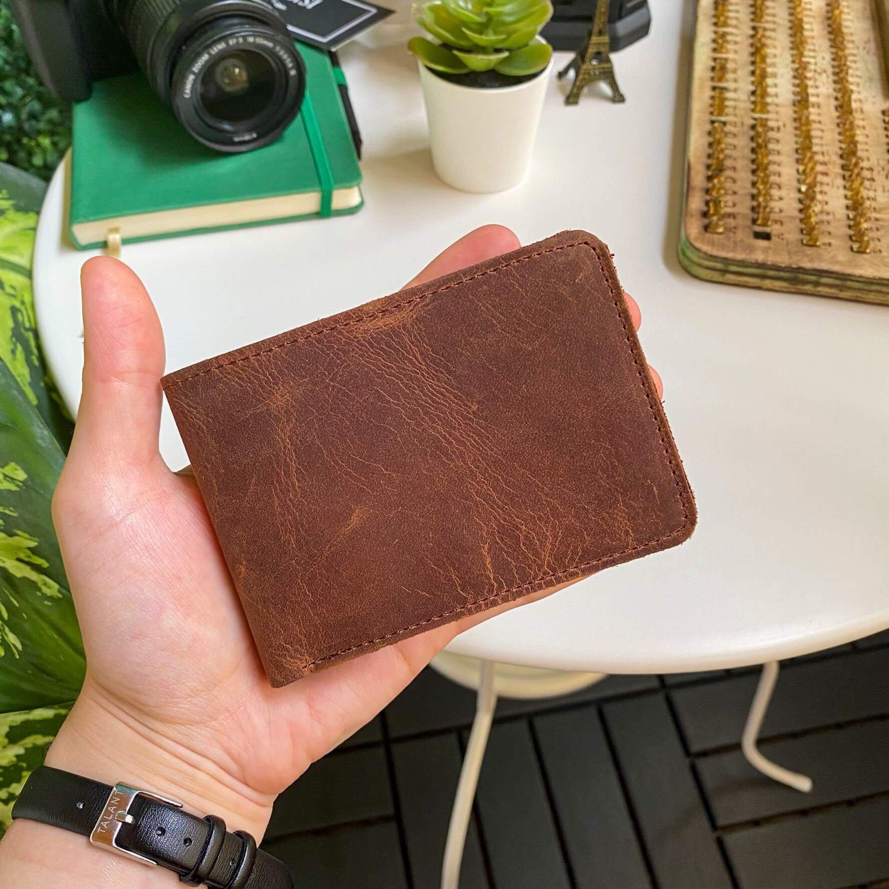 Tulipa Genuine Leather Natural Wallet in four colors: Brown, Red, Blue, and Green, showcasing its sleek design and card slots.