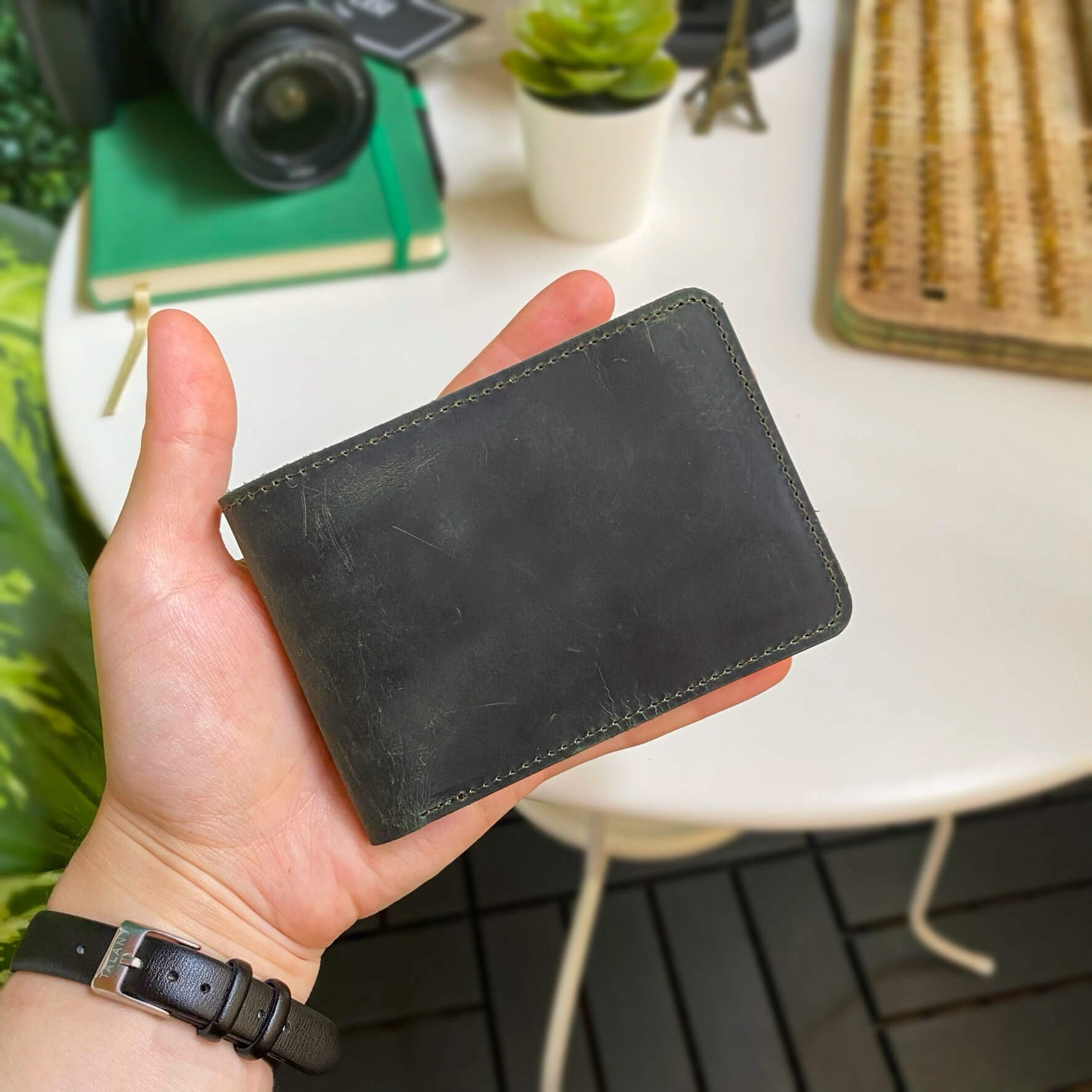 Tulipa Genuine Leather Natural Wallet in four colors: Brown, Red, Blue, and Green, showcasing its sleek design and card slots.