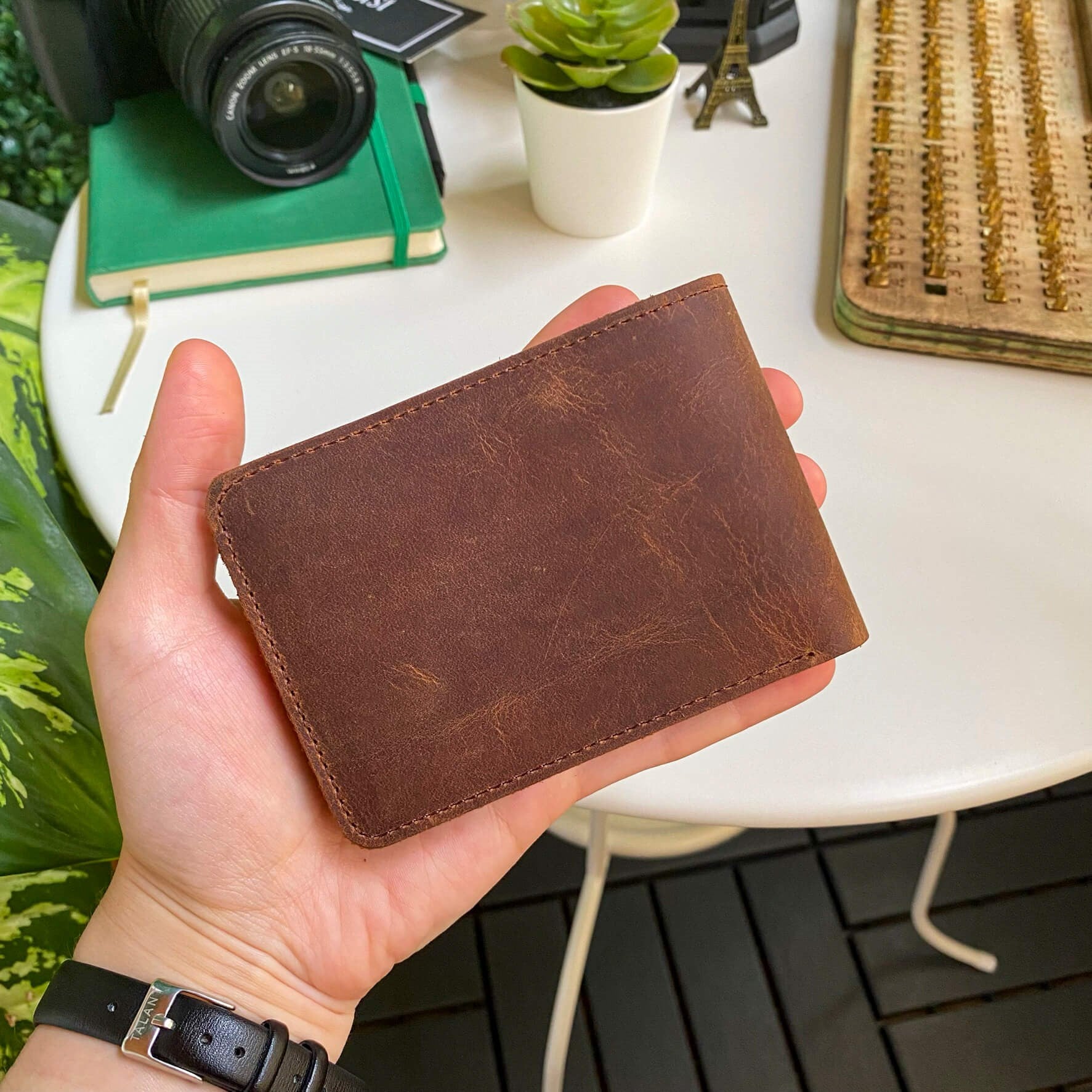 Tulipa Genuine Leather Natural Wallet in four colors: Brown, Red, Blue, and Green, showcasing its sleek design and card slots.
