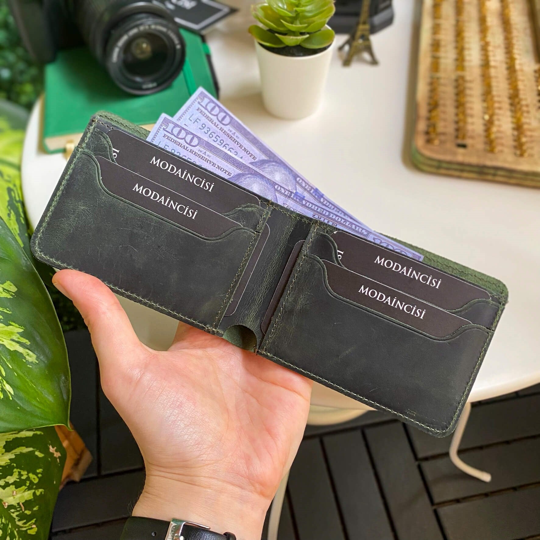 Tulipa Genuine Leather Natural Wallet in four colors: Brown, Red, Blue, and Green, showcasing its sleek design and card slots.