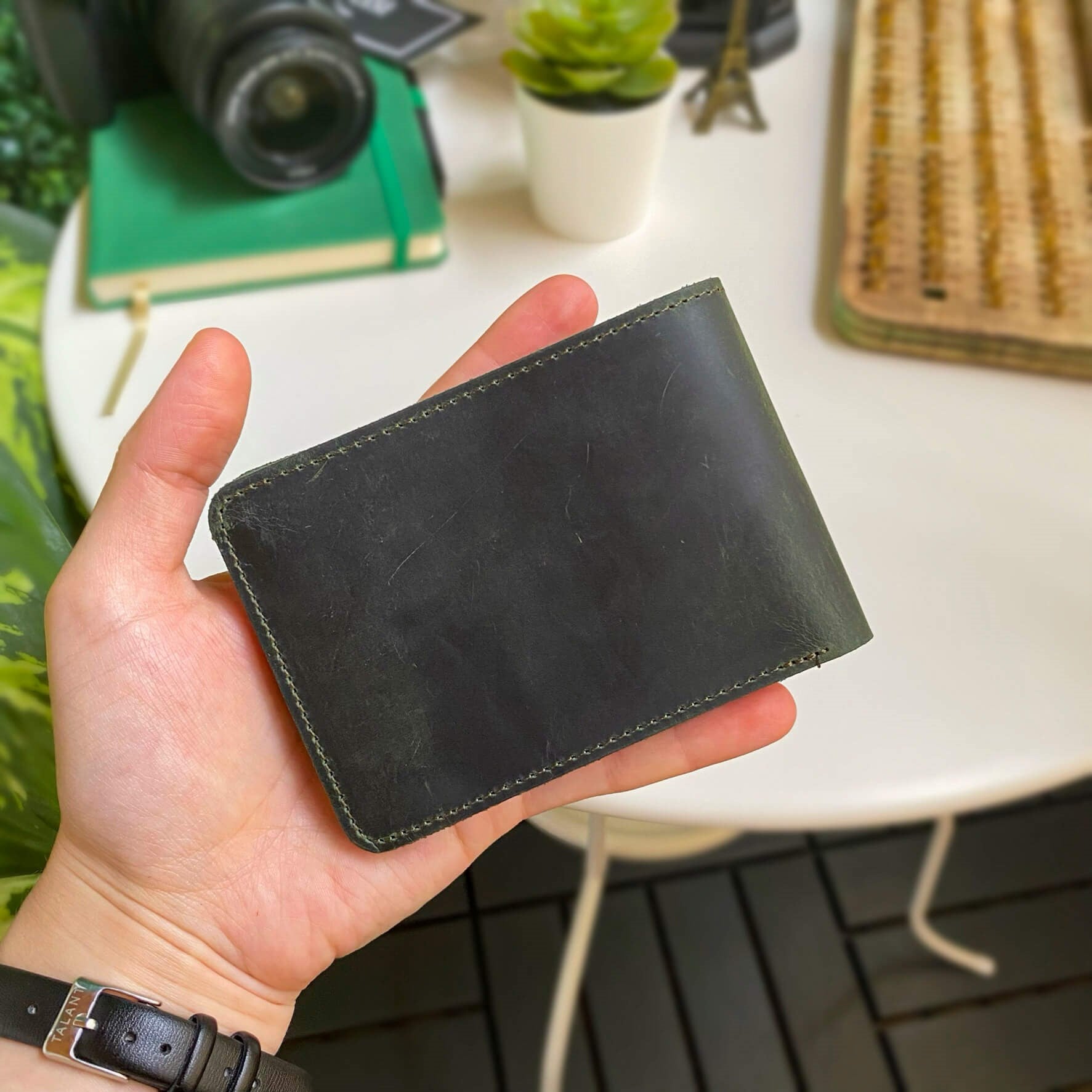 Tulipa Genuine Leather Natural Wallet in four colors: Brown, Red, Blue, and Green, showcasing its sleek design and card slots.