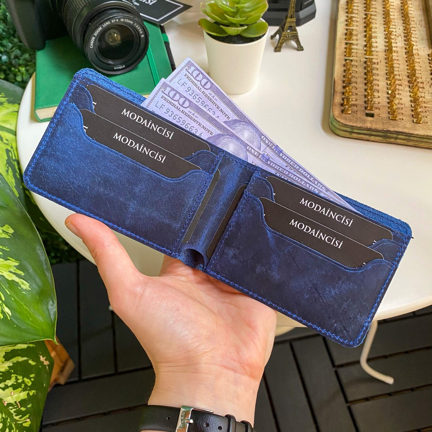 Tulipa Genuine Leather Natural Wallet in four colors: Brown, Red, Blue, and Green, showcasing its sleek design and card slots.